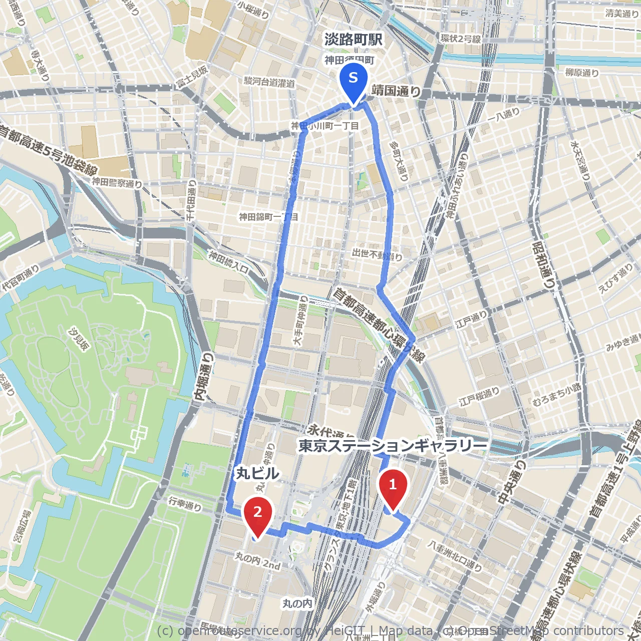 東京ステーションギャラリーから丸ビルへの散策 のコースマップ