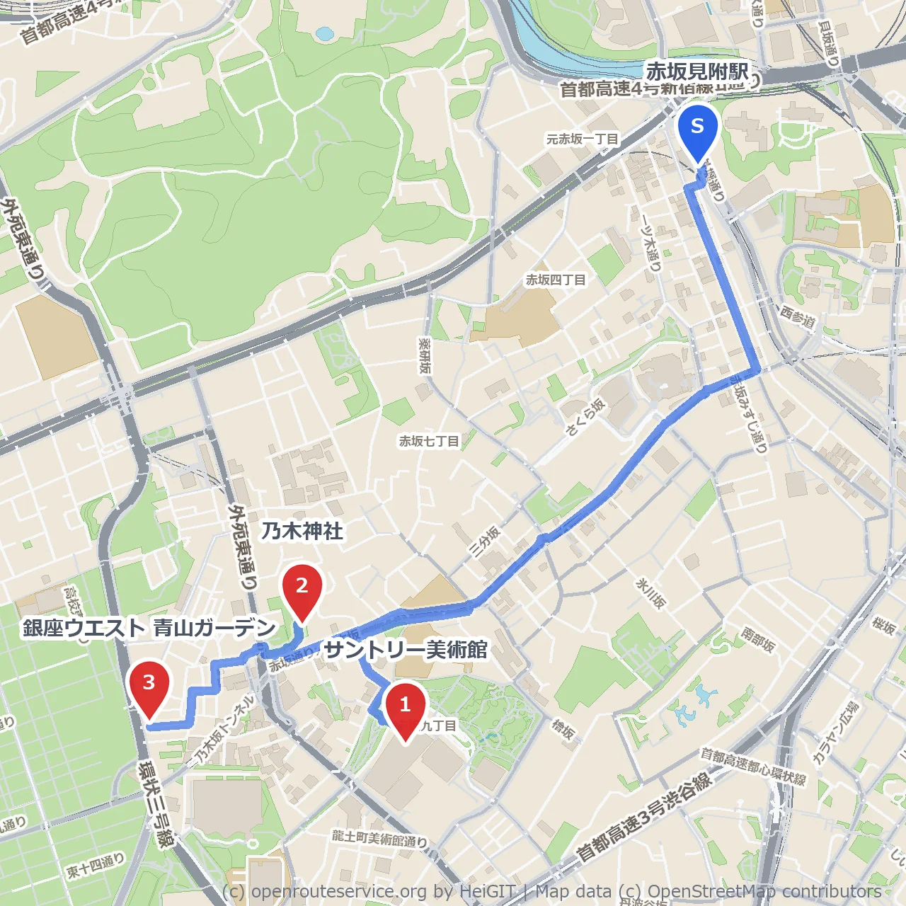 サントリー美術館と乃木神社 青山カフェ散歩 のコースマップ
