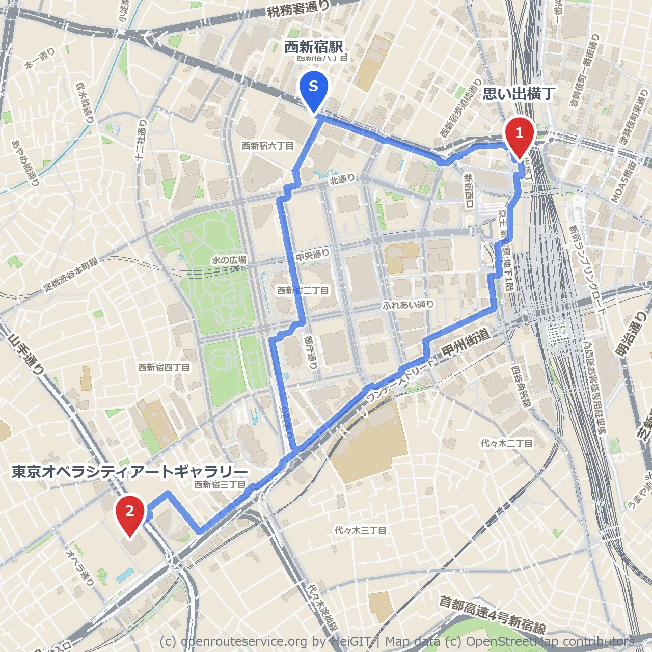 西新宿の思い出横丁から東京オペラシティ美術散策 のコースマップ