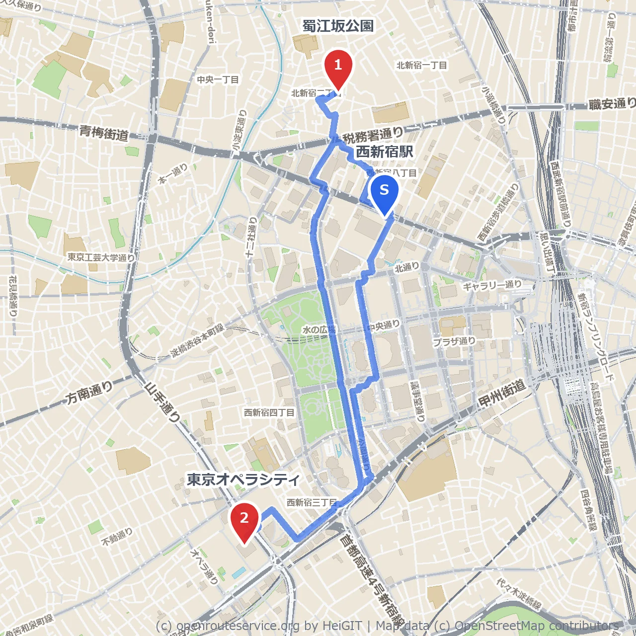蜀江坂公園から東京オペラシティへ自然と芸術の散歩 のコースマップ