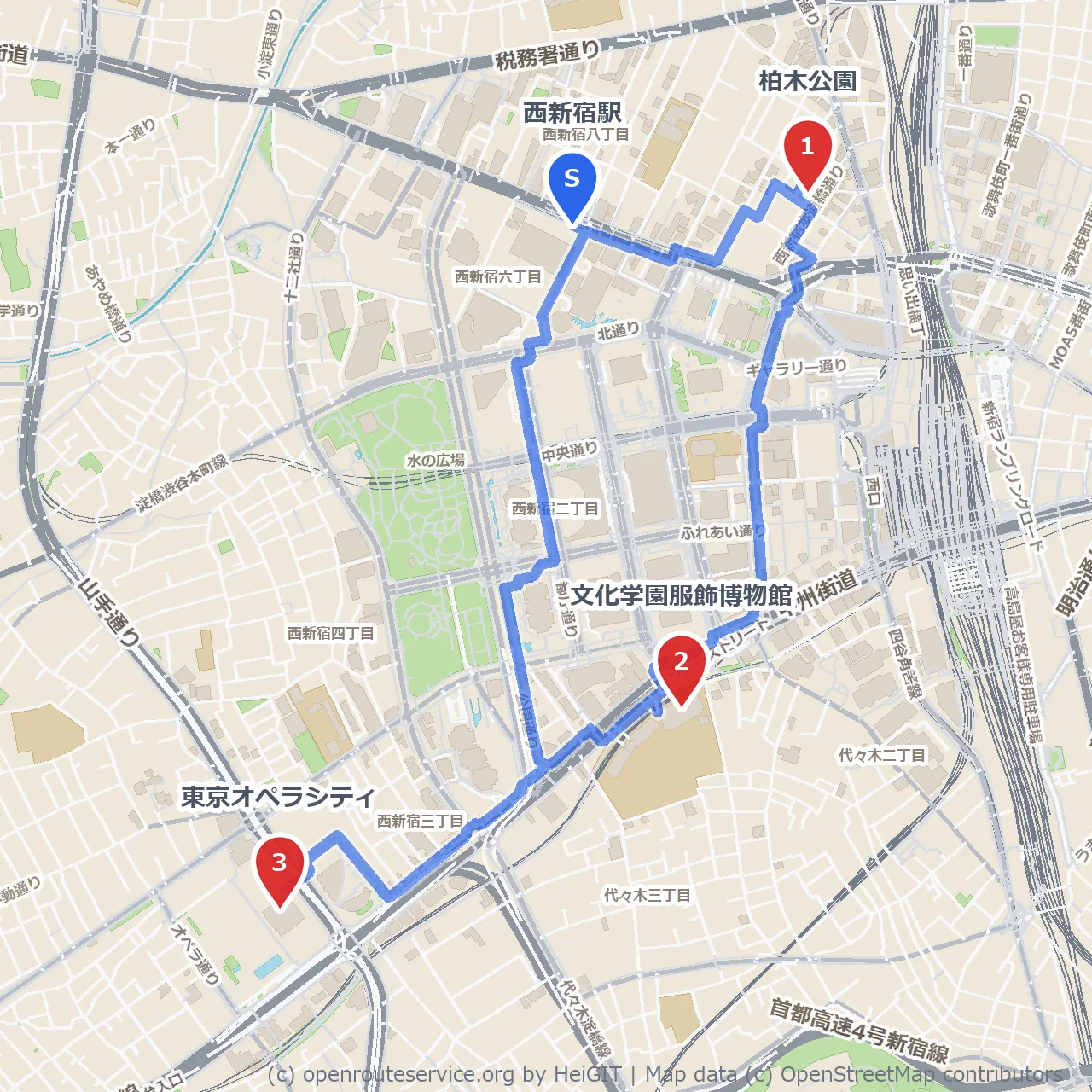 柏木公園と文化学園服飾博物館を訪ねる西新宿散歩 のコースマップ