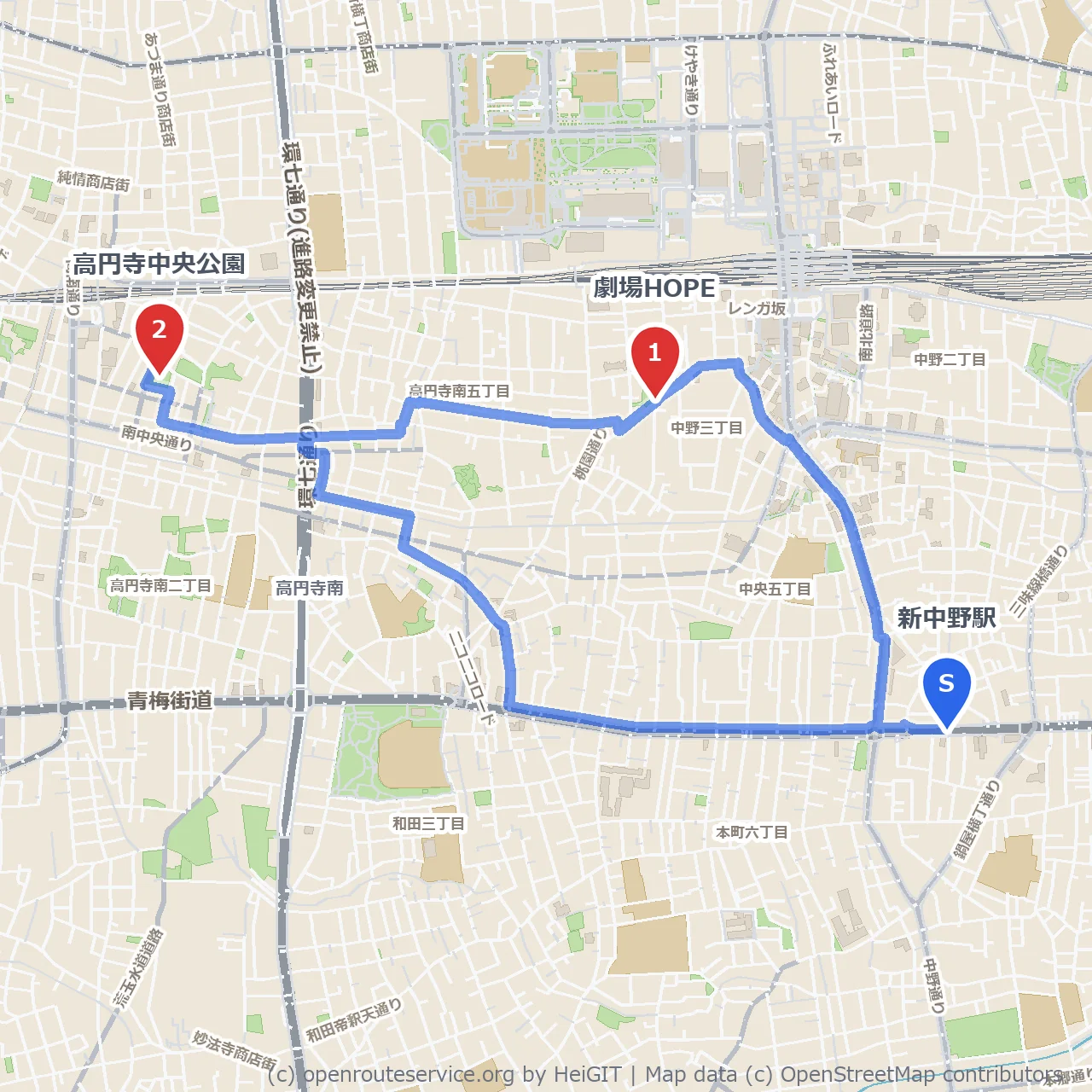 劇場HOPEから高円寺中央公園へ自然散策 のコースマップ