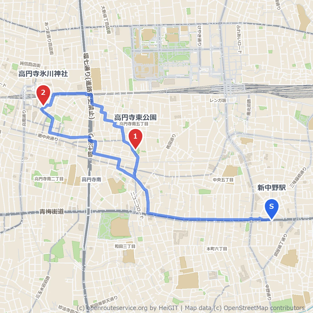 高円寺東公園と氷川神社の緑と歴史散歩道 のコースマップ