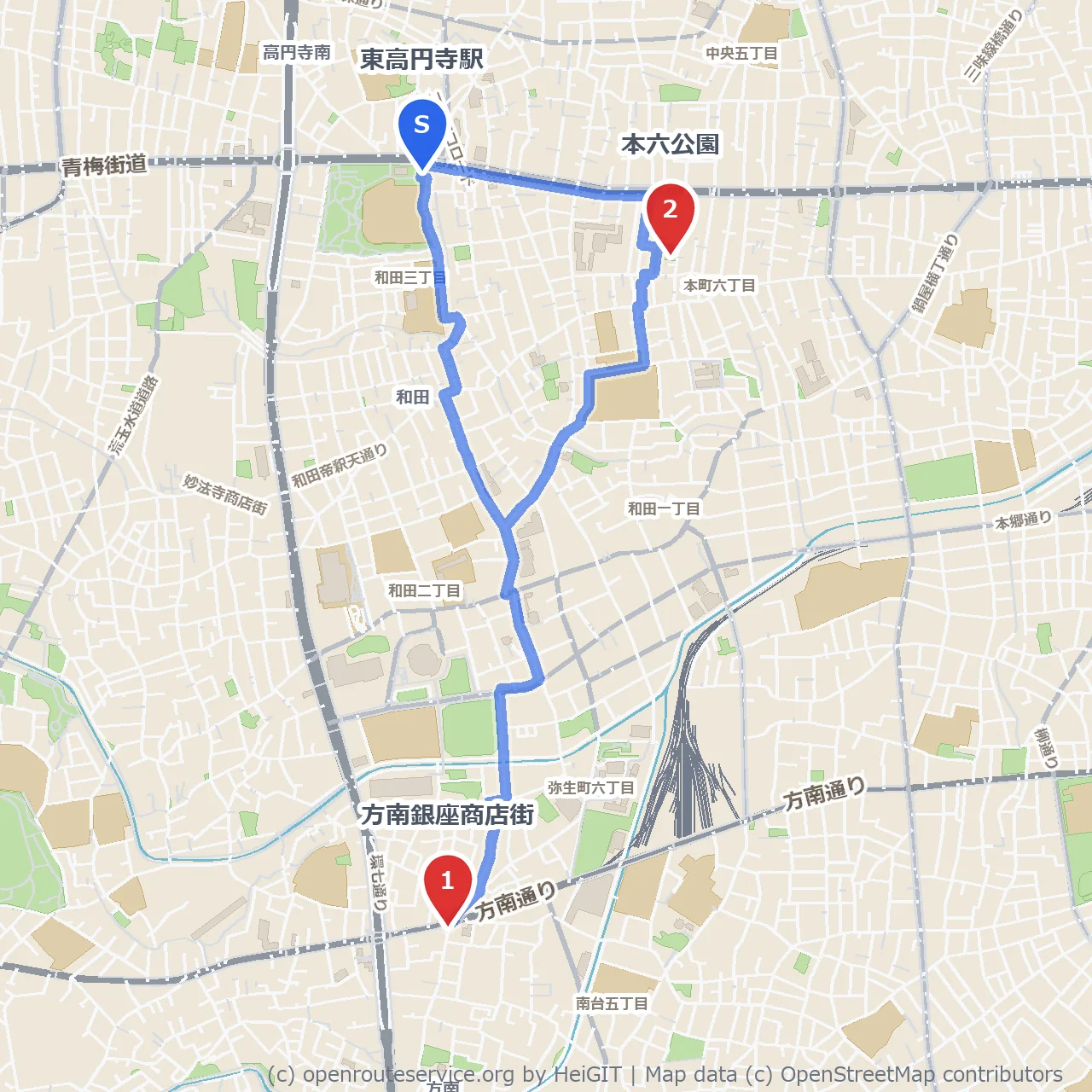 方南銀座の散策と本六公園でひと休み のコースマップ