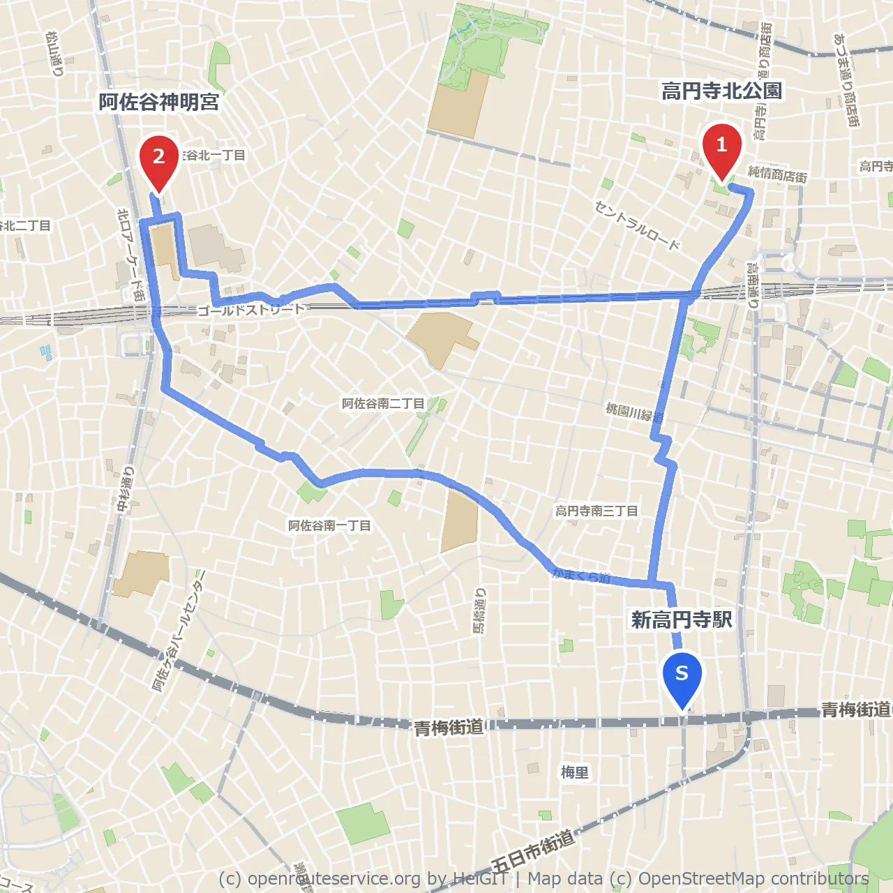 高円寺北公園から阿佐谷神明宮へ歴史と自然の散策 のコースマップ