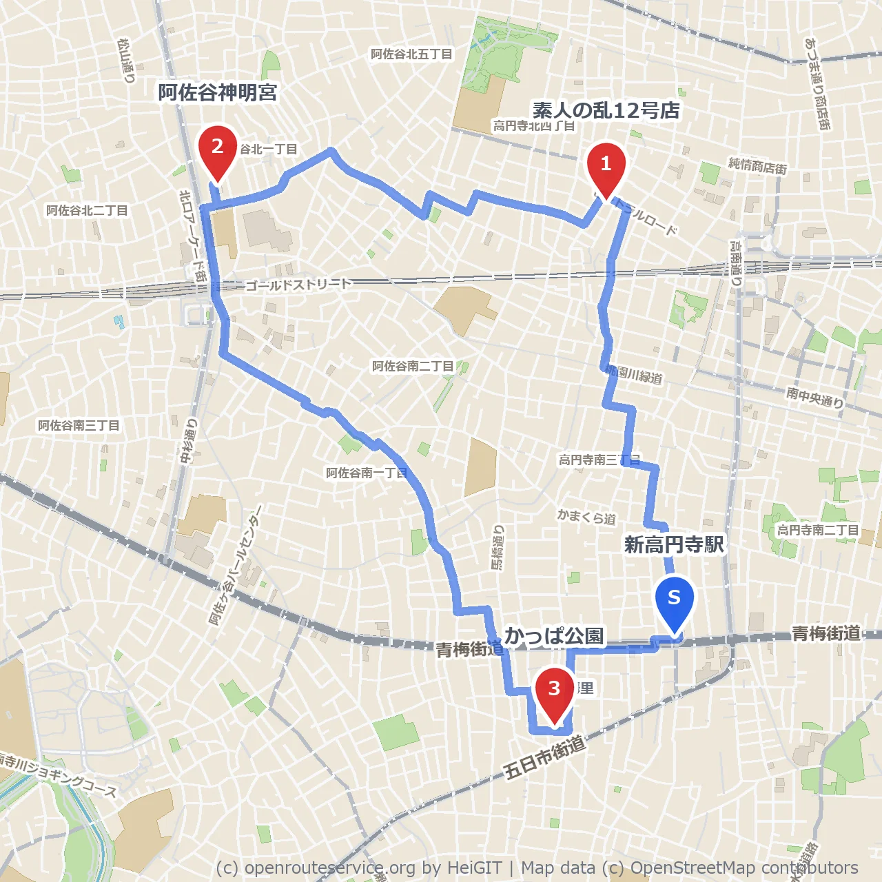 素人の乱ギャラリー巡りと阿佐谷神明宮とかっぱ公園散歩 のコースマップ