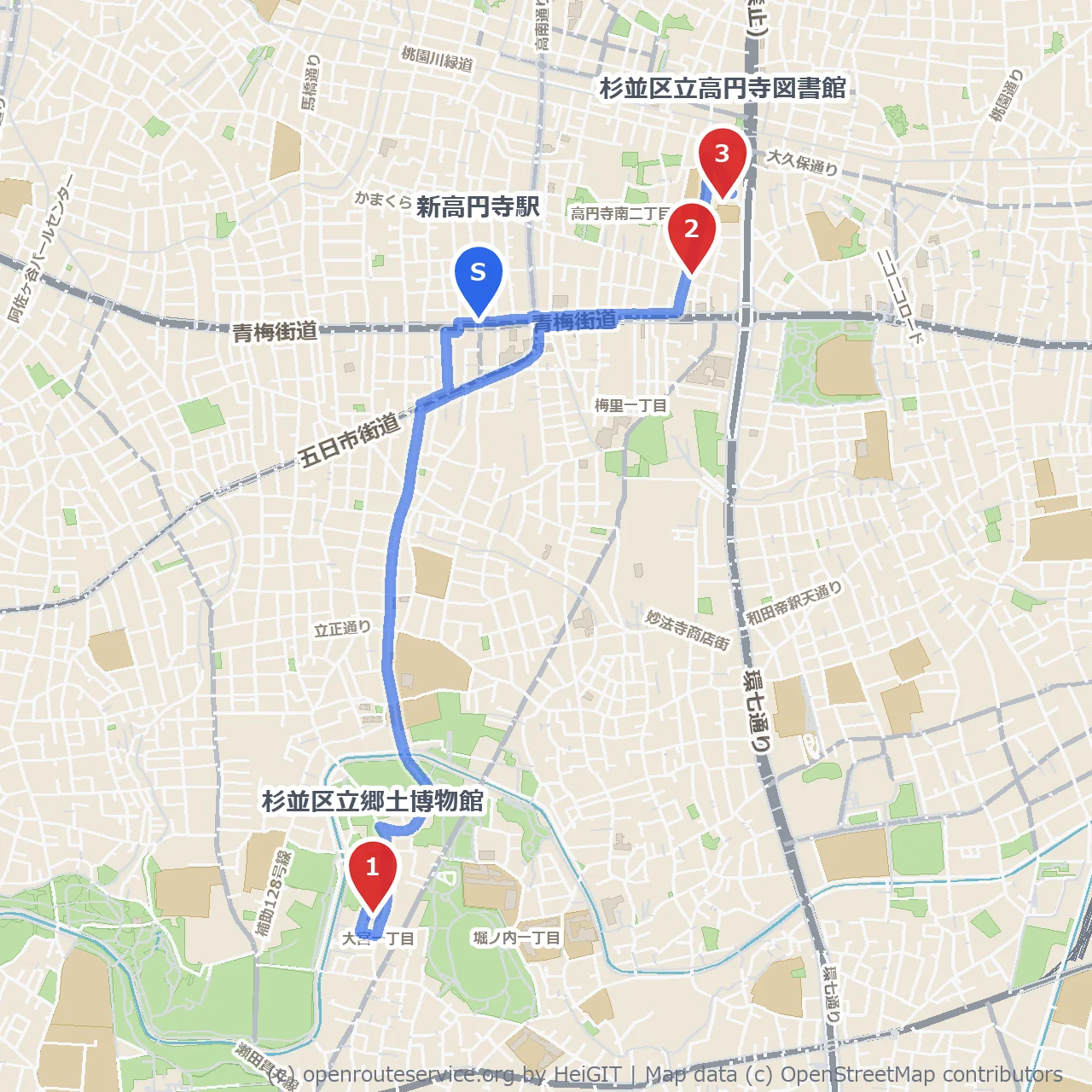 杉並郷土博物館から高円寺図書館まで地域文化を感じる歩き旅 のコースマップ