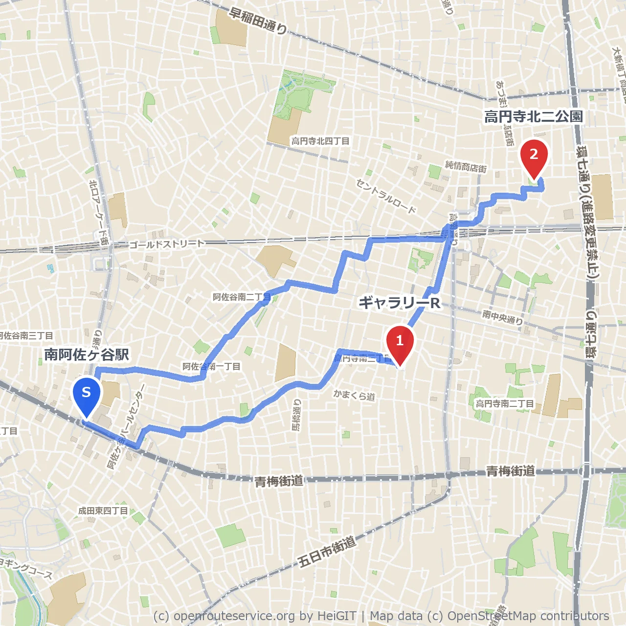 ギャラリーRから高円寺北二公園の静かな散策路 のコースマップ