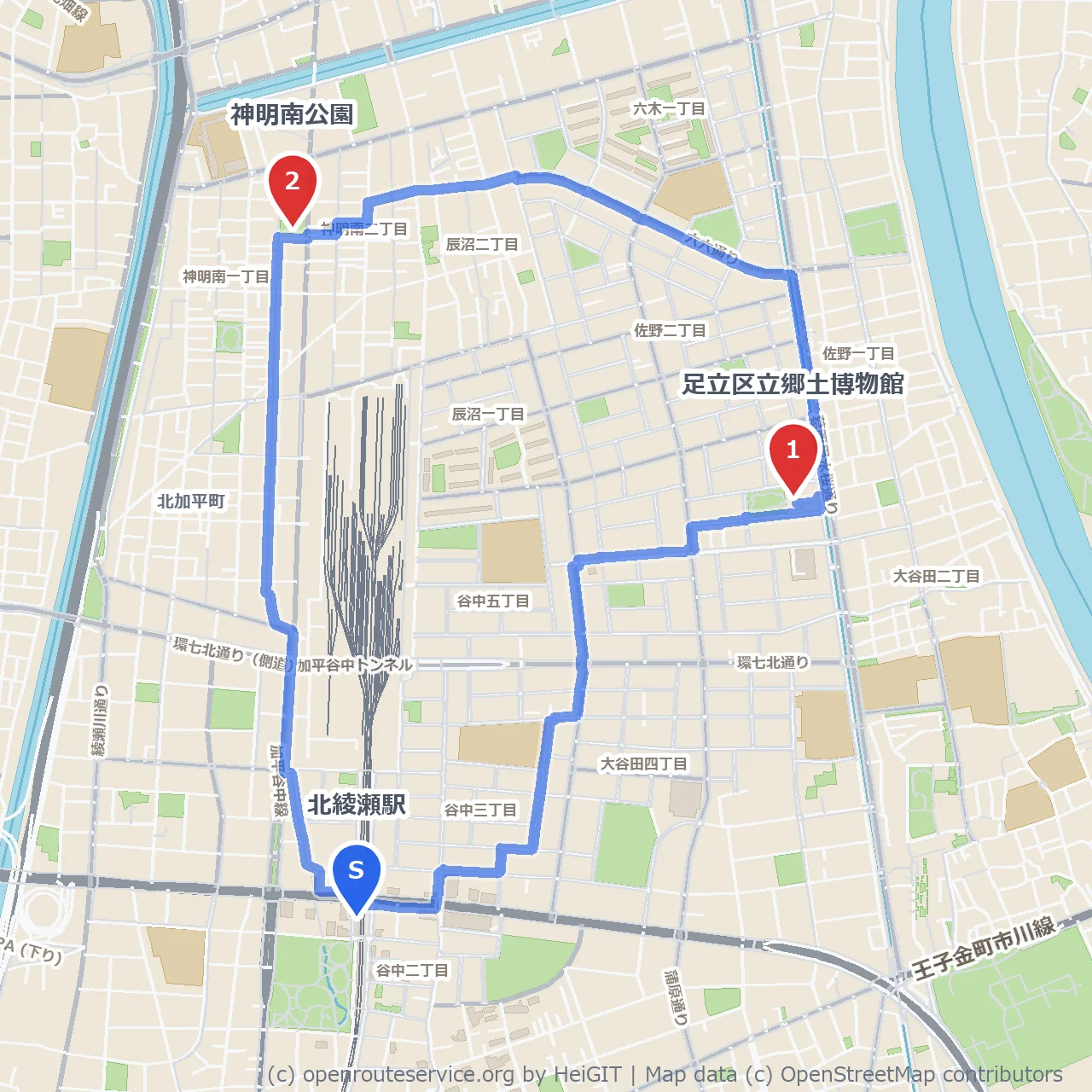 北綾瀬駅から郷土博物館と神明南公園散策路 のコースマップ