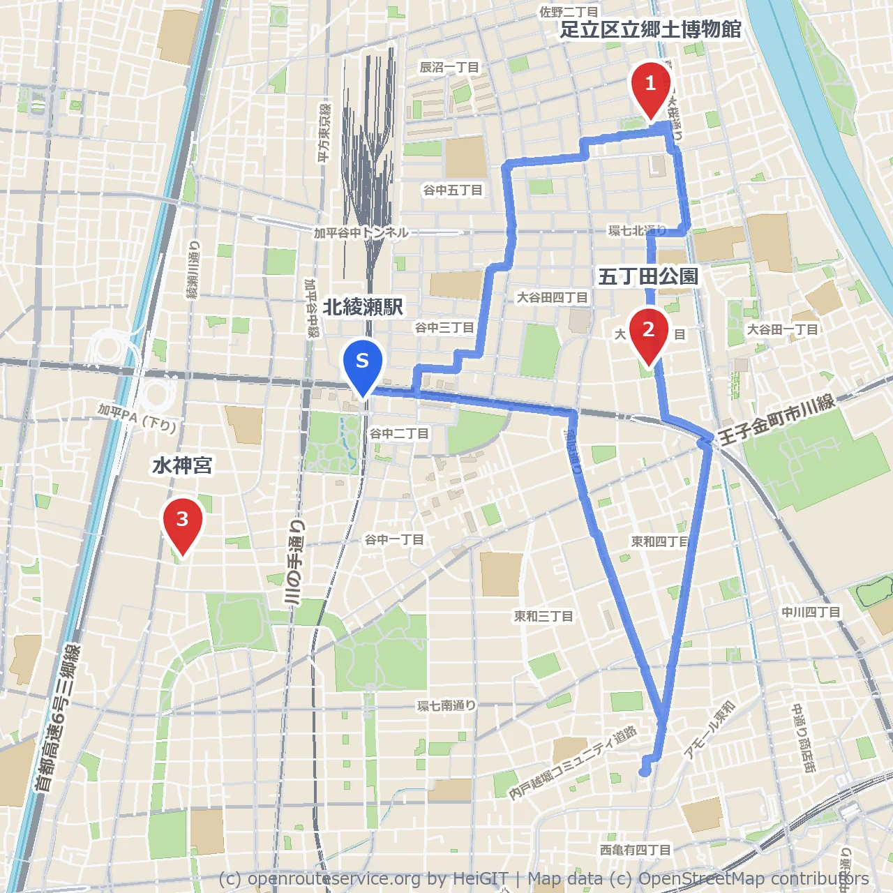 歴史と自然を感じる郷土博物館～五丁田公園経由水神宮までの道 のコースマップ