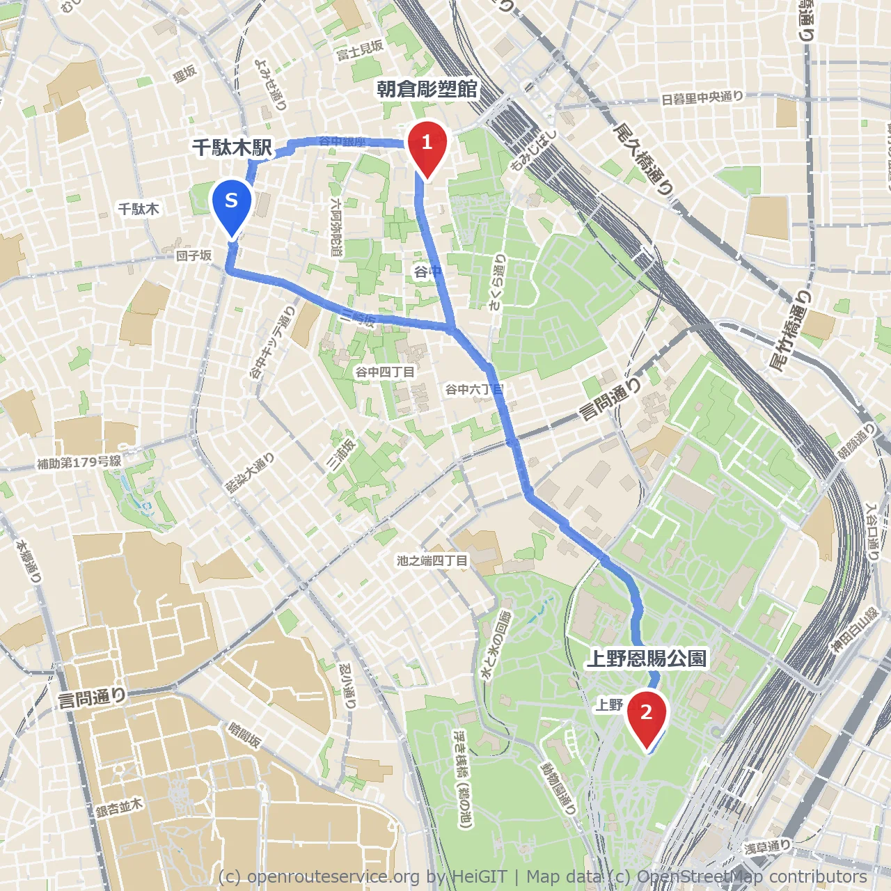朝倉彫塑館から上野恩賜公園ゆったり散歩道 のコースマップ
