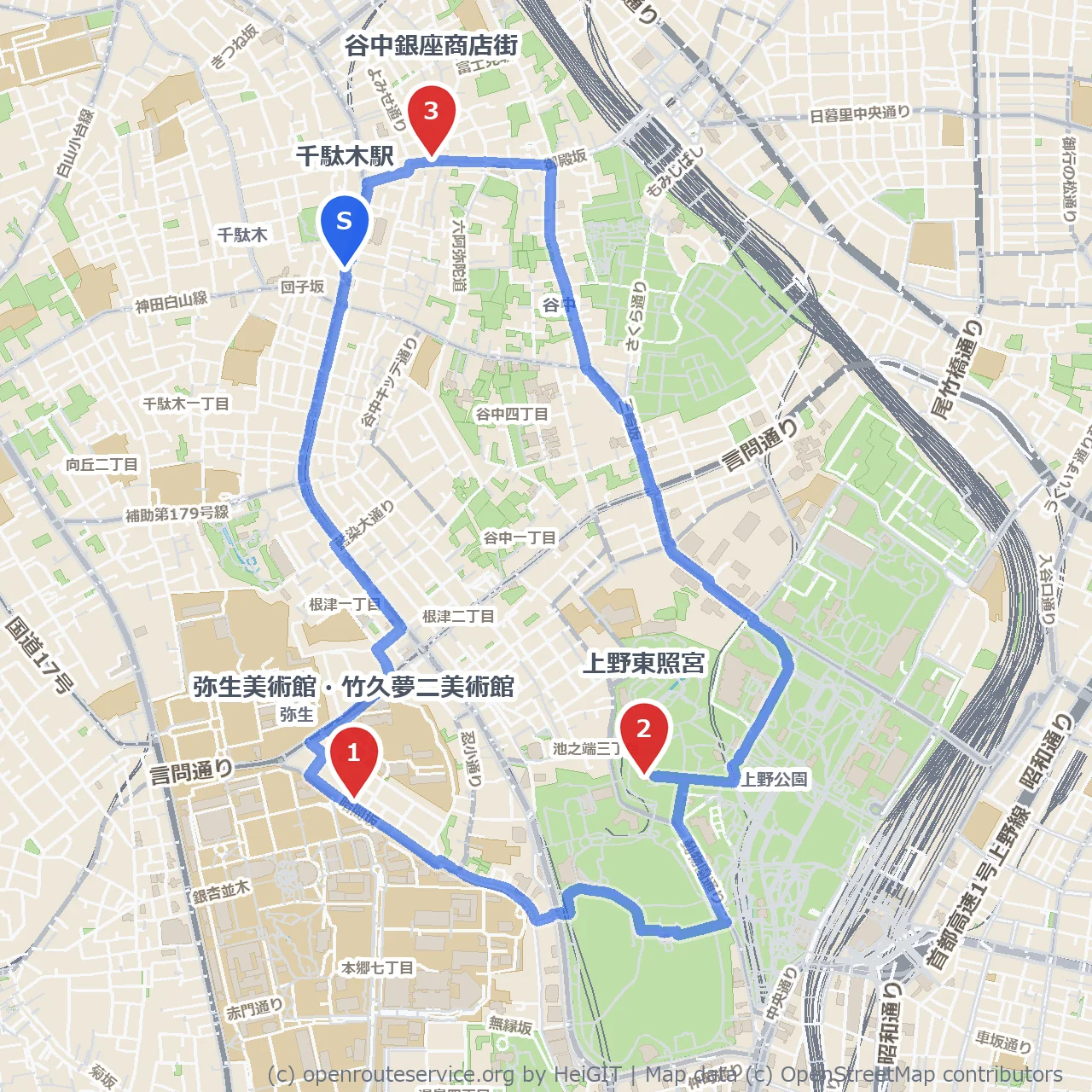 竹久夢二美術館と谷中銀座を巡る歴史散策 のコースマップ
