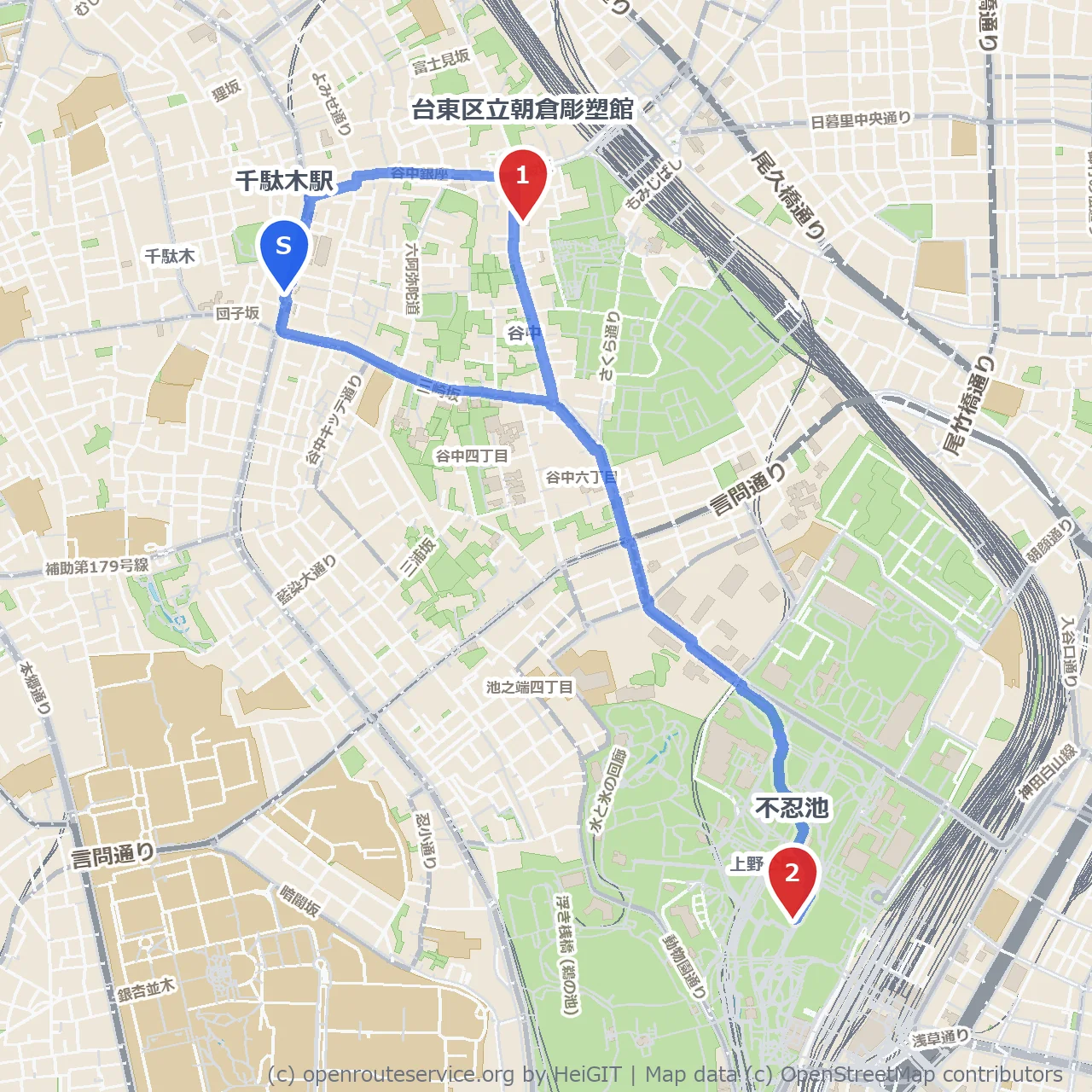 朝倉彫塑館と不忍池で楽しむ自然散歩 のコースマップ