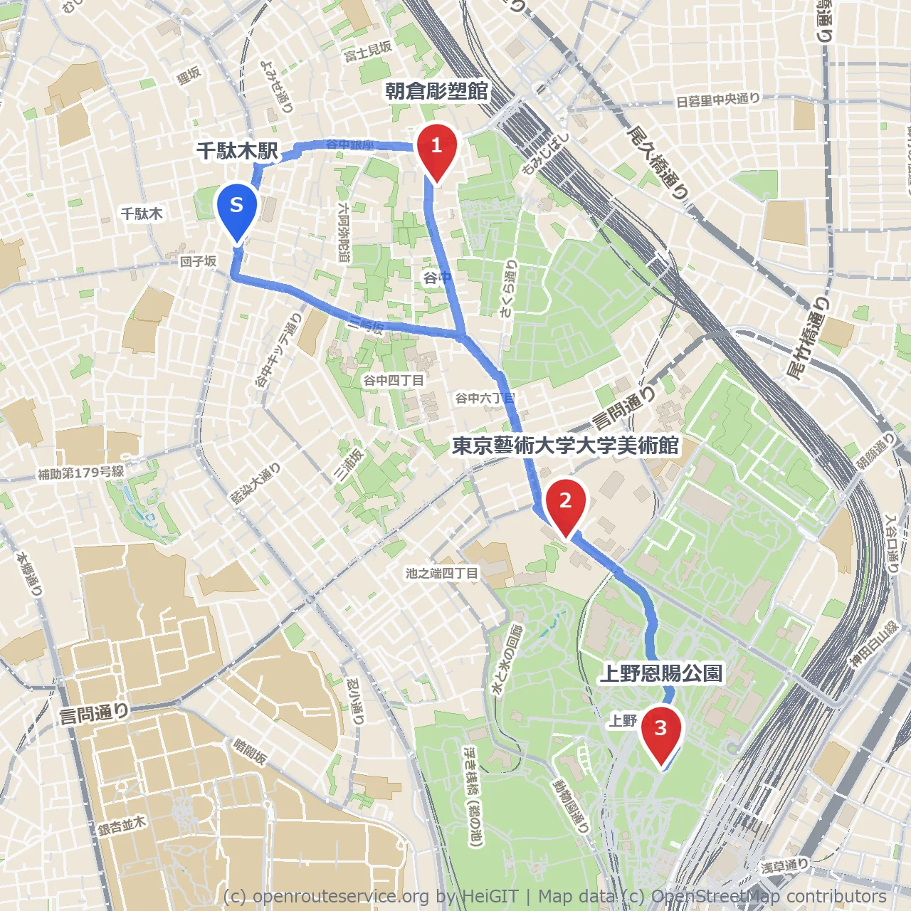 朝倉彫塑館と藝大美術館をめぐる文化さんぽ のコースマップ