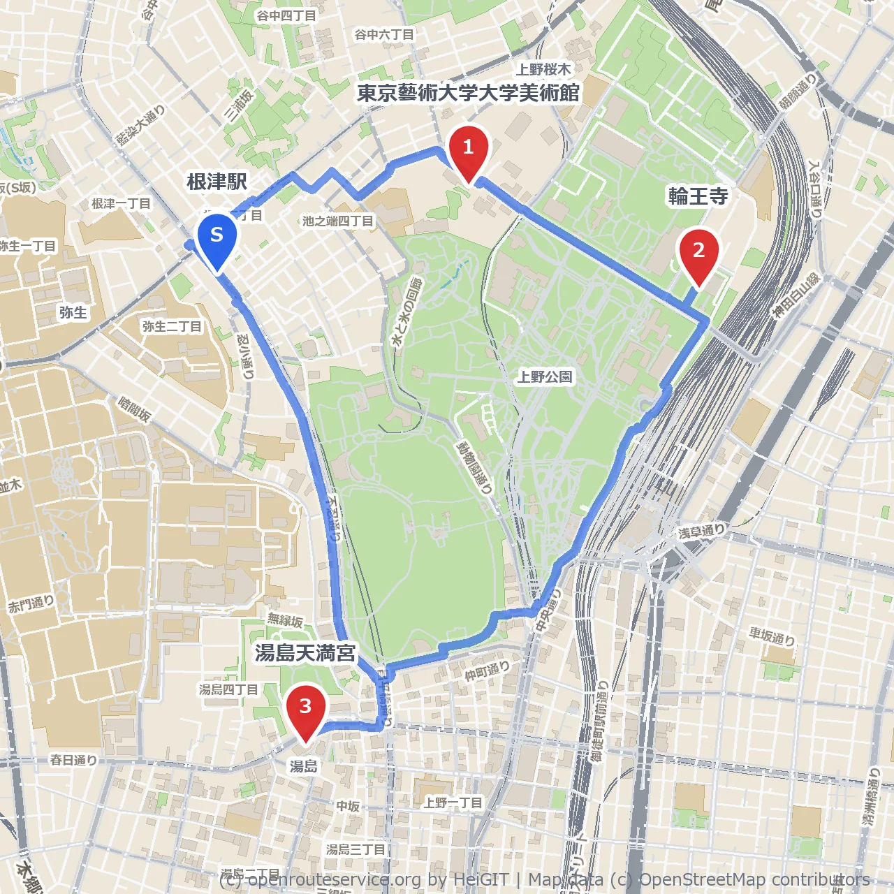 藝大美術館と湯島天満宮の歴史探訪 のコースマップ