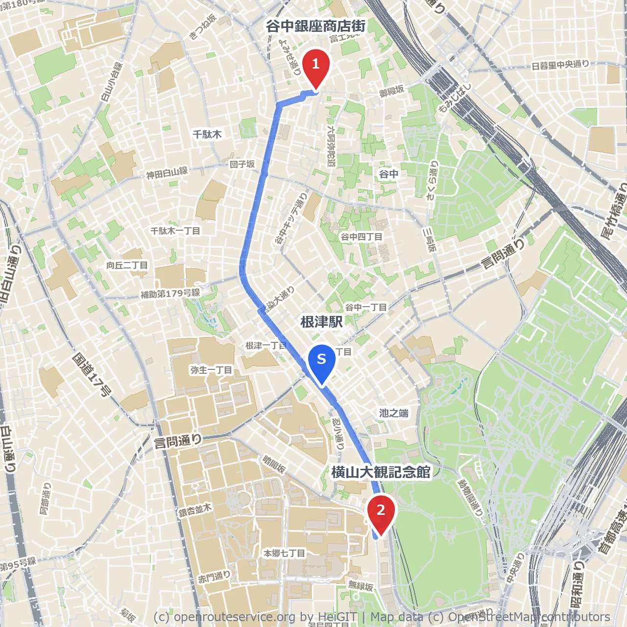 谷中銀座の賑わいと横山大観記念館散歩 のコースマップ