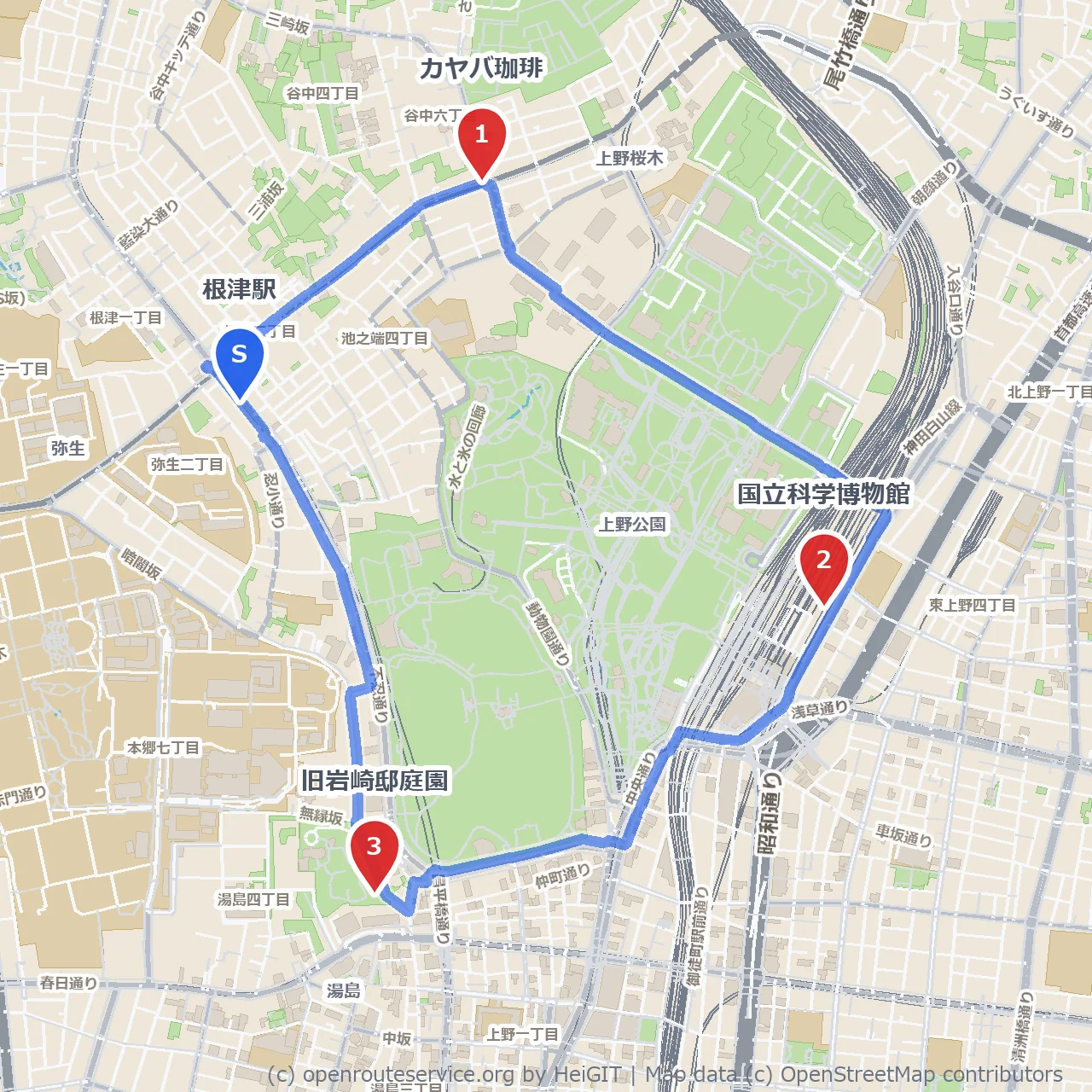 カヤバ珈琲から科学博物館、岩崎邸庭園までの散策 のコースマップ