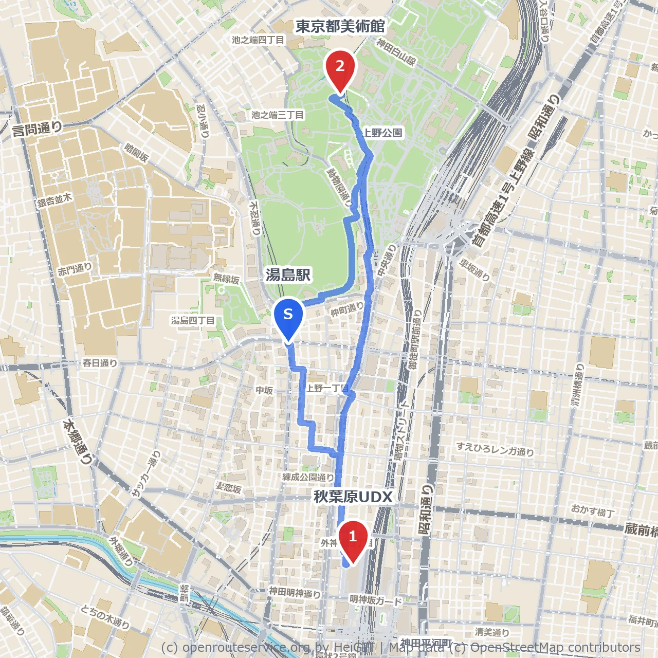 秋葉原UDXから東京都美術館への文化散策 のコースマップ