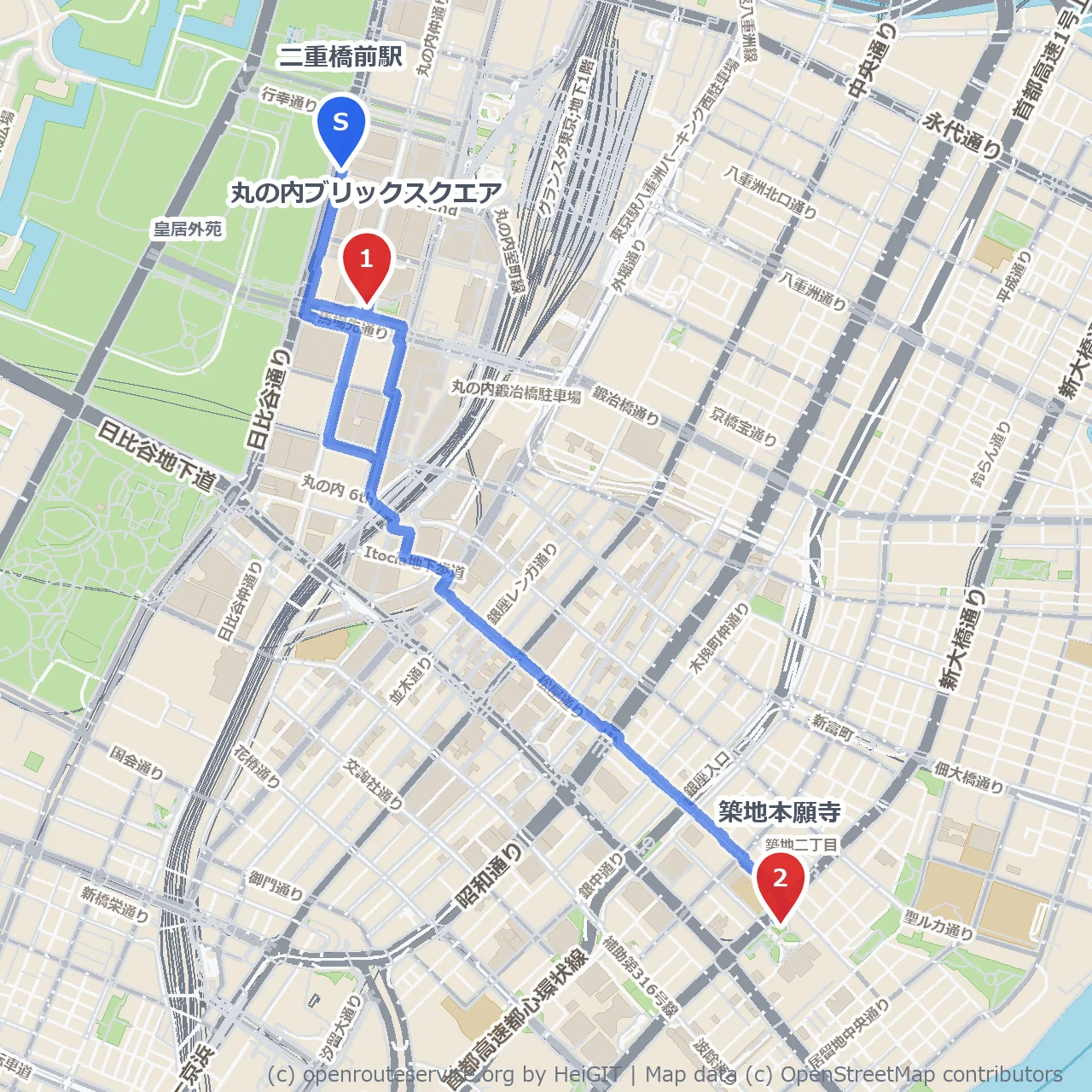 丸の内ブリックスクエアから築地本願寺へ歴史散歩 のコースマップ