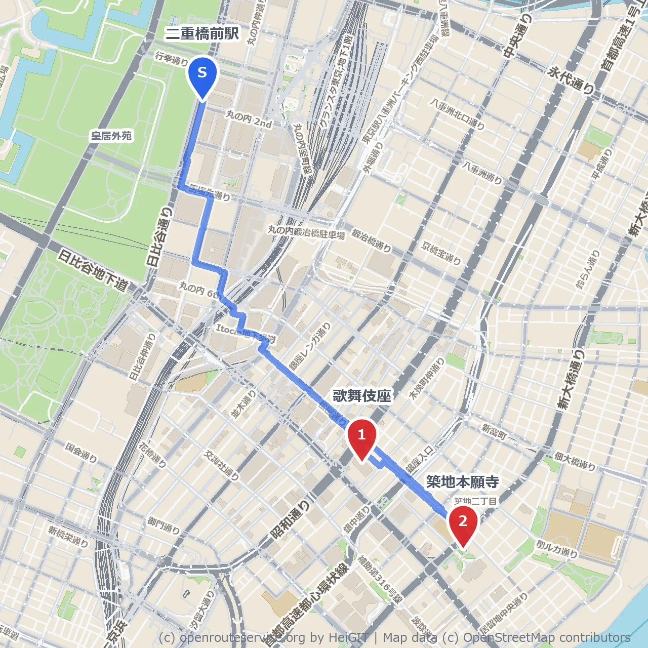 歌舞伎座から築地本願寺への伝統芸能と癒やしの道 のコースマップ