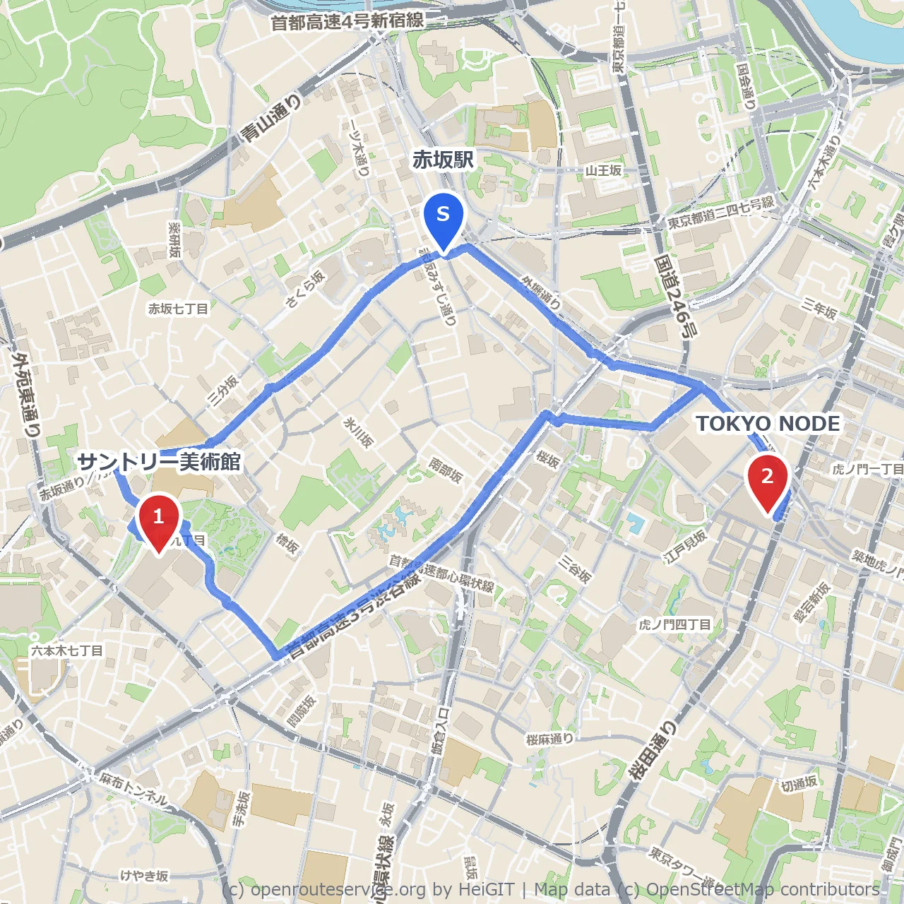 赤坂の文化探訪：サントリー美術館とTOKYO NODE巡り のコースマップ