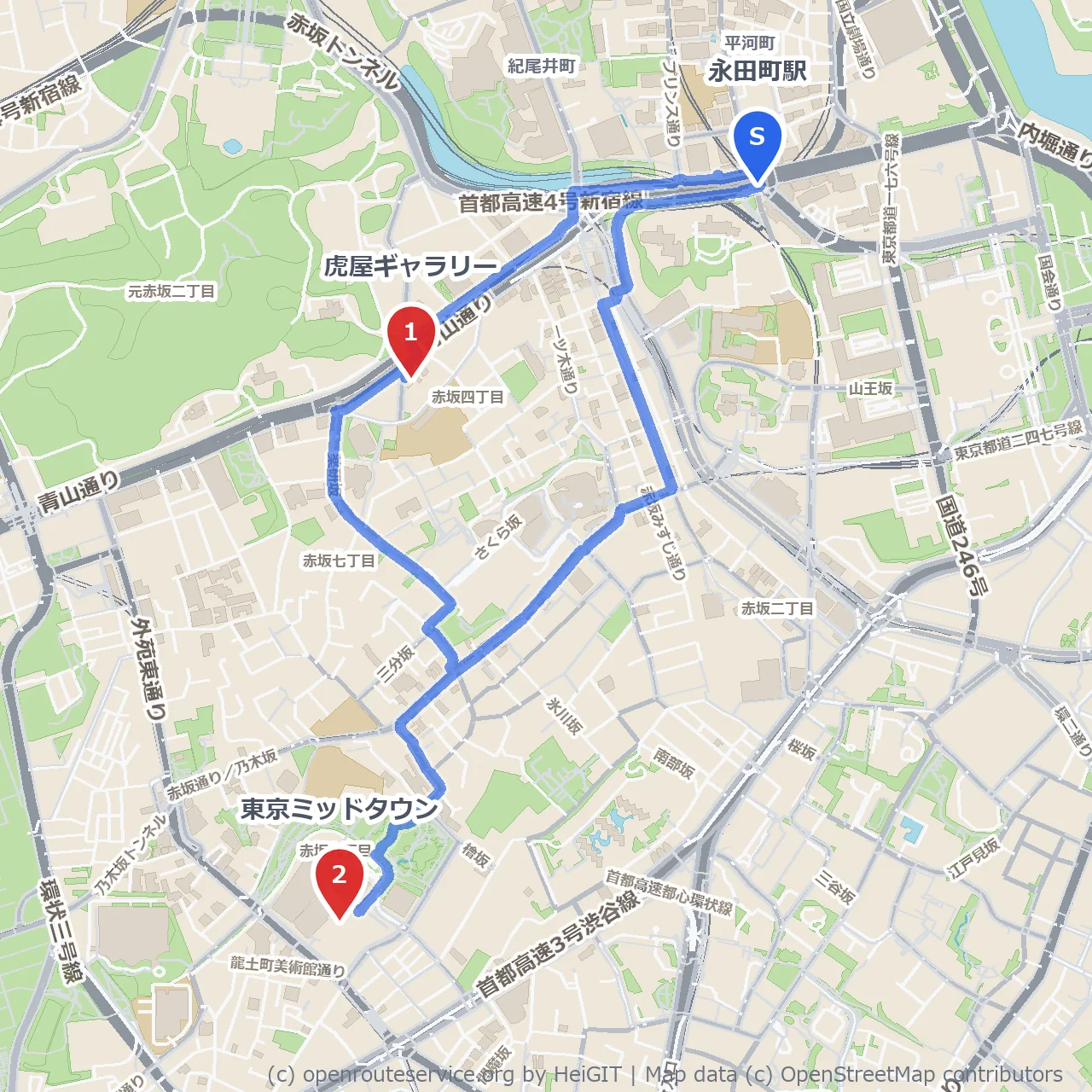 虎屋ギャラリーから東京ミッドタウンへ彩る散歩道 のコースマップ
