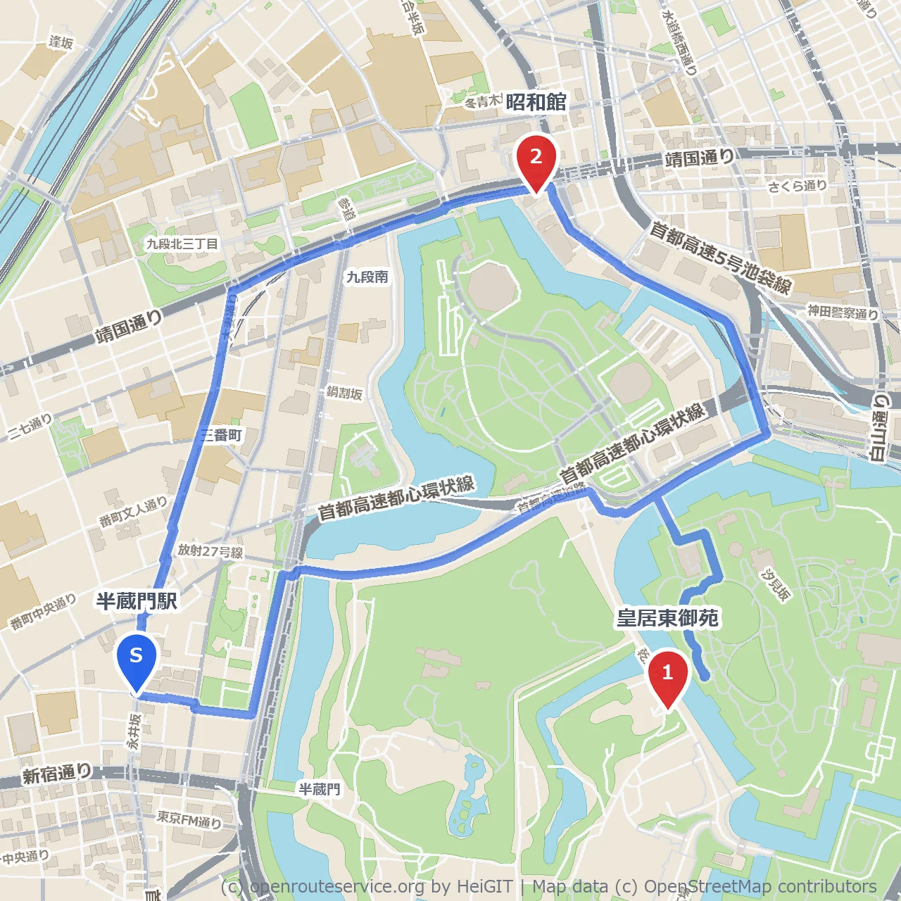 皇居東御苑の緑と昭和館で学ぶ昭和の歩み のコースマップ