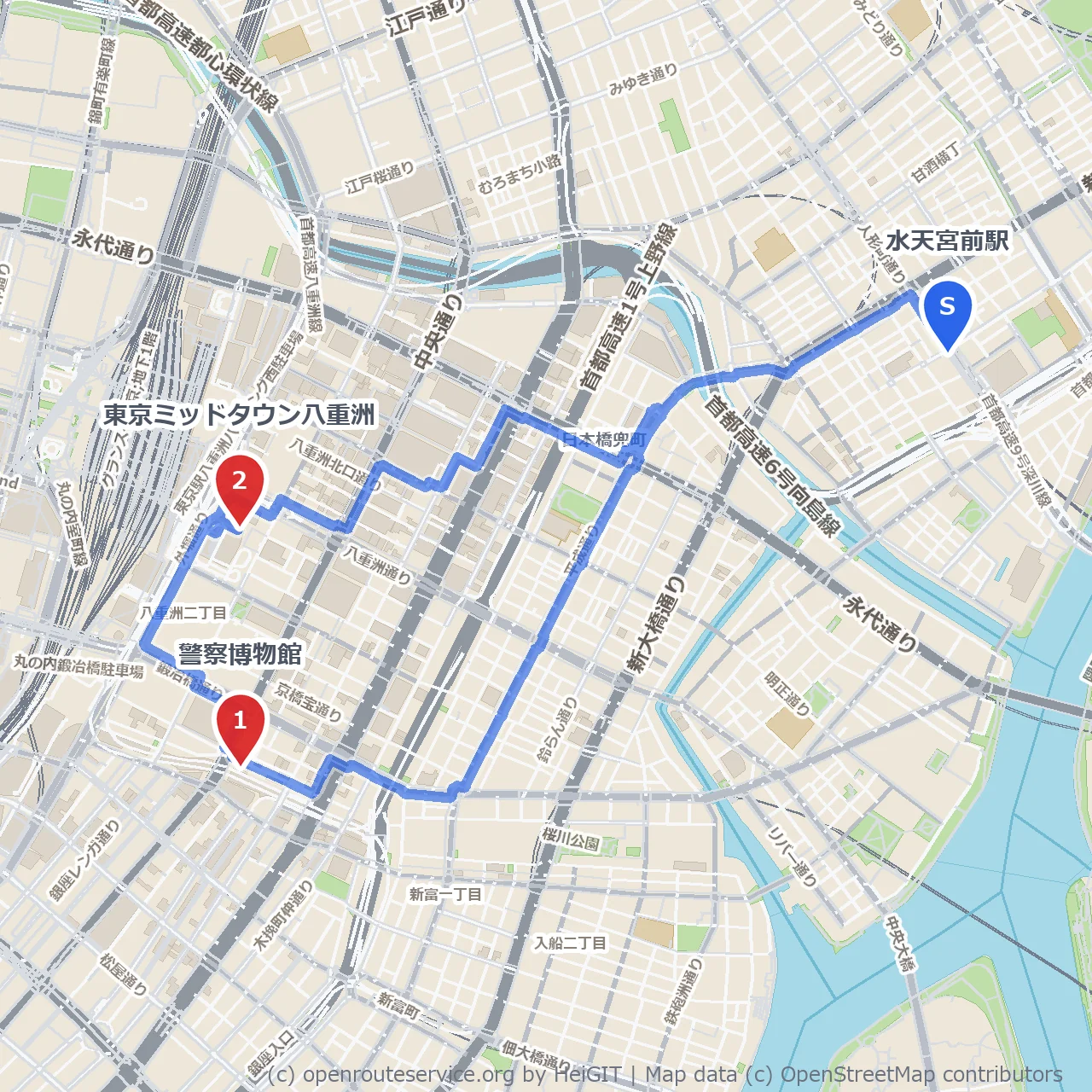 警察博物館と東京ミッドタウン八重洲の歴史探訪 のコースマップ