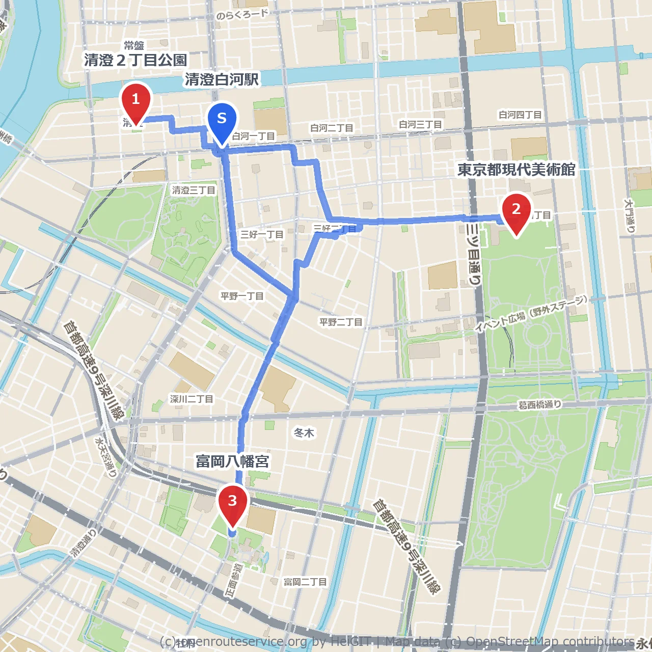 清澄公園と東京都現代美術館で文化探訪 のコースマップ