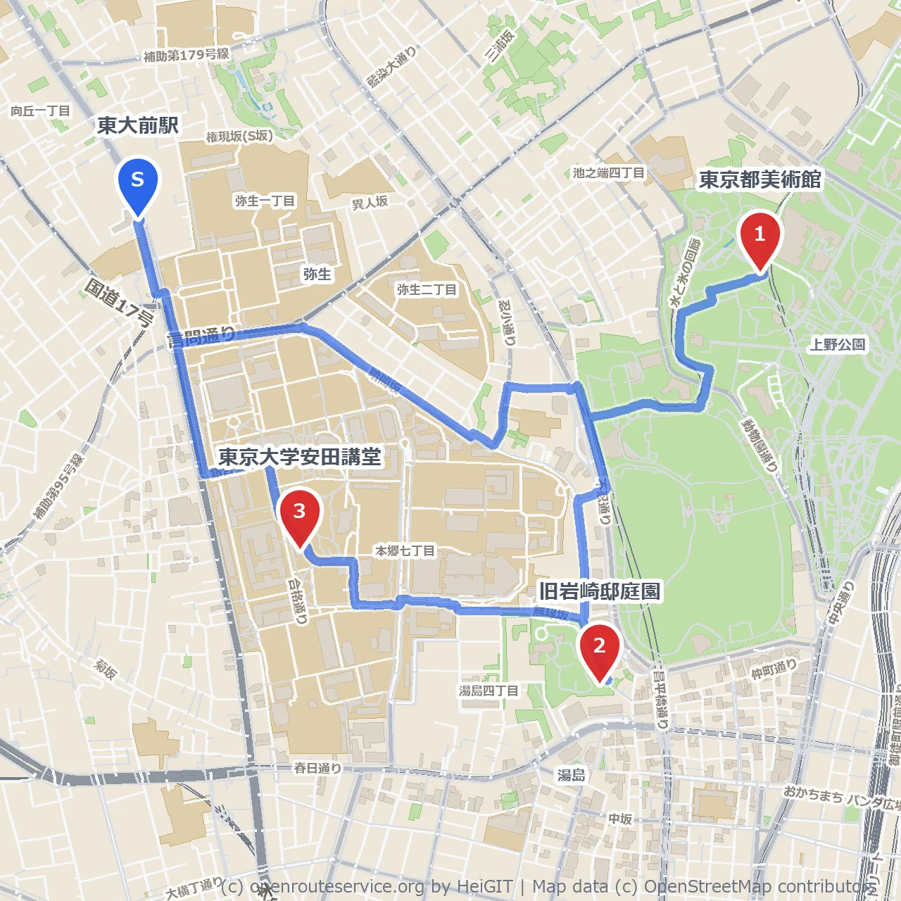 東京都美術館と旧岩崎庭園を巡る東大前散歩 のコースマップ
