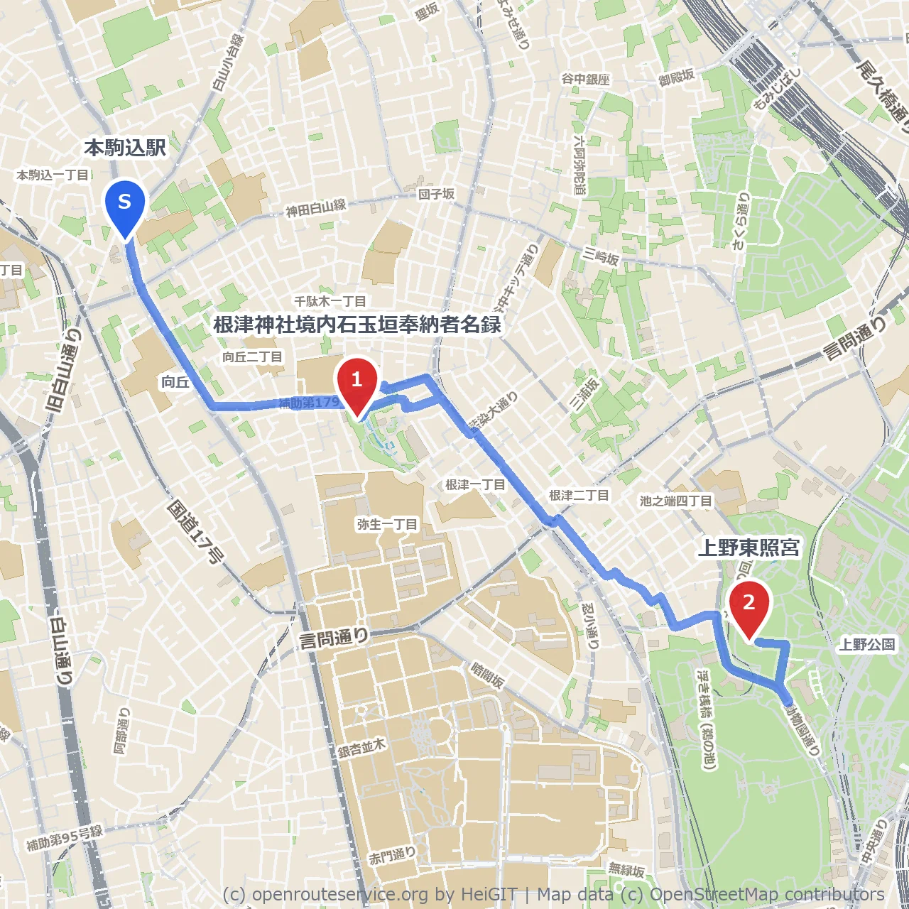 根津の石玉垣から上野東照宮へ歩く静謐な参拝路 のコースマップ