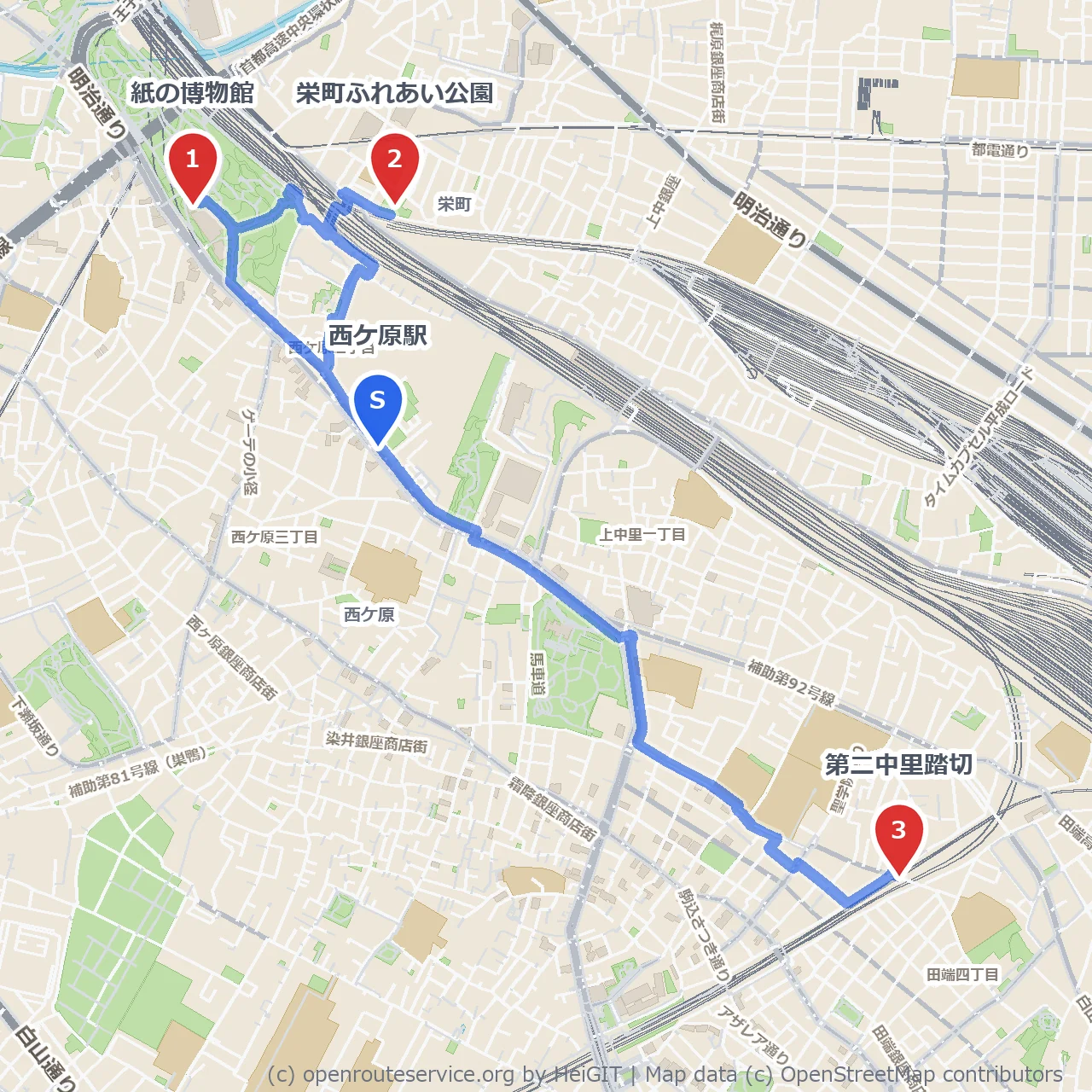 紙の博物館と栄町公園を巡る自然歩き旅 のコースマップ