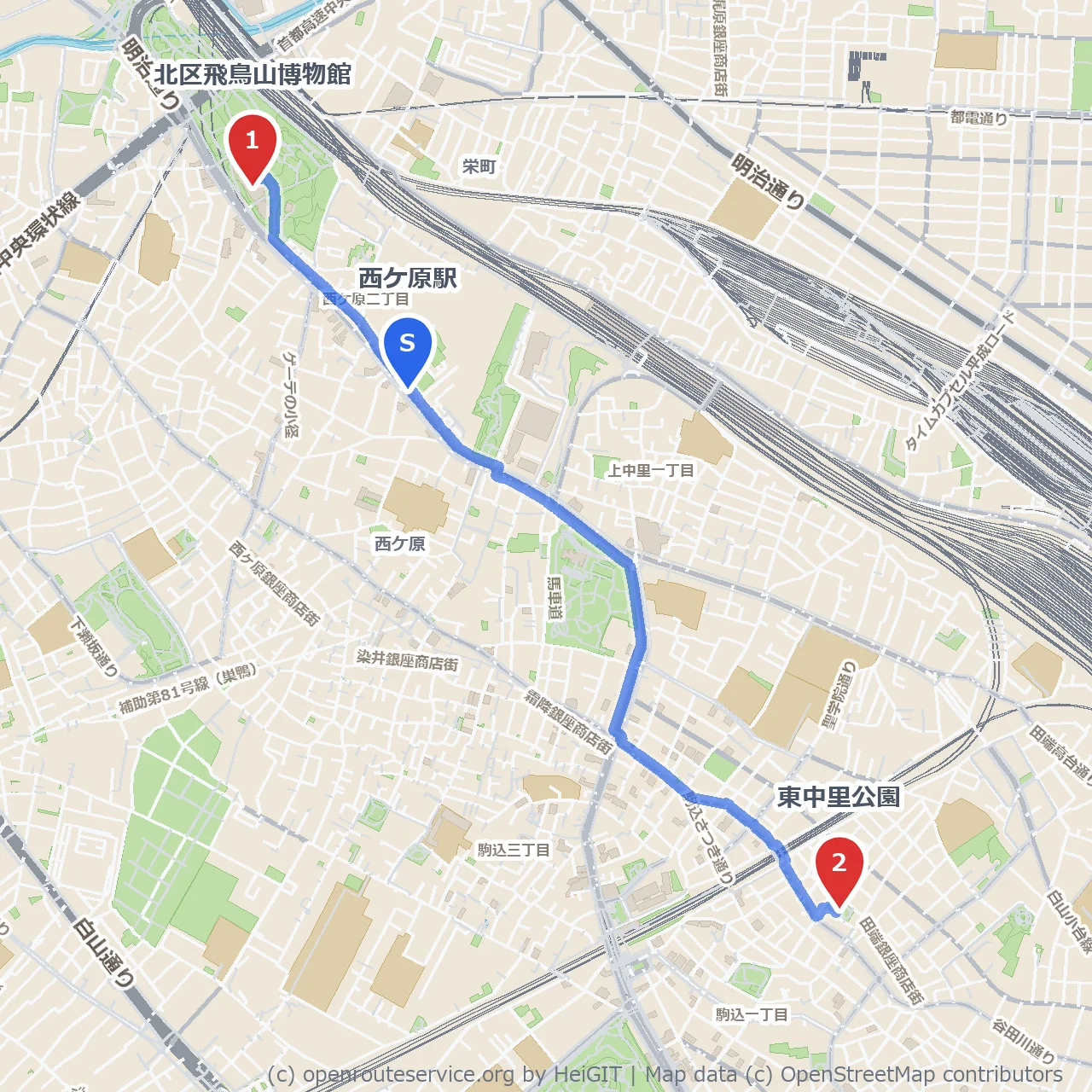 飛鳥山博物館と東中里公園の落ち着く散歩道 のコースマップ