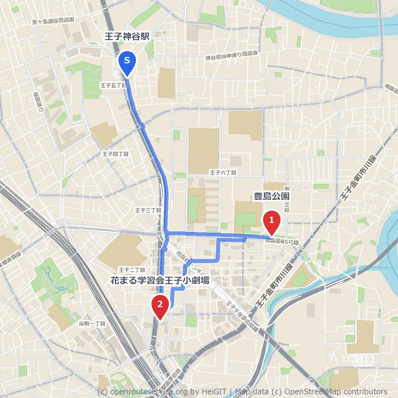 豊島公園と王子小劇場を巡る静かな散策路 のコースマップ