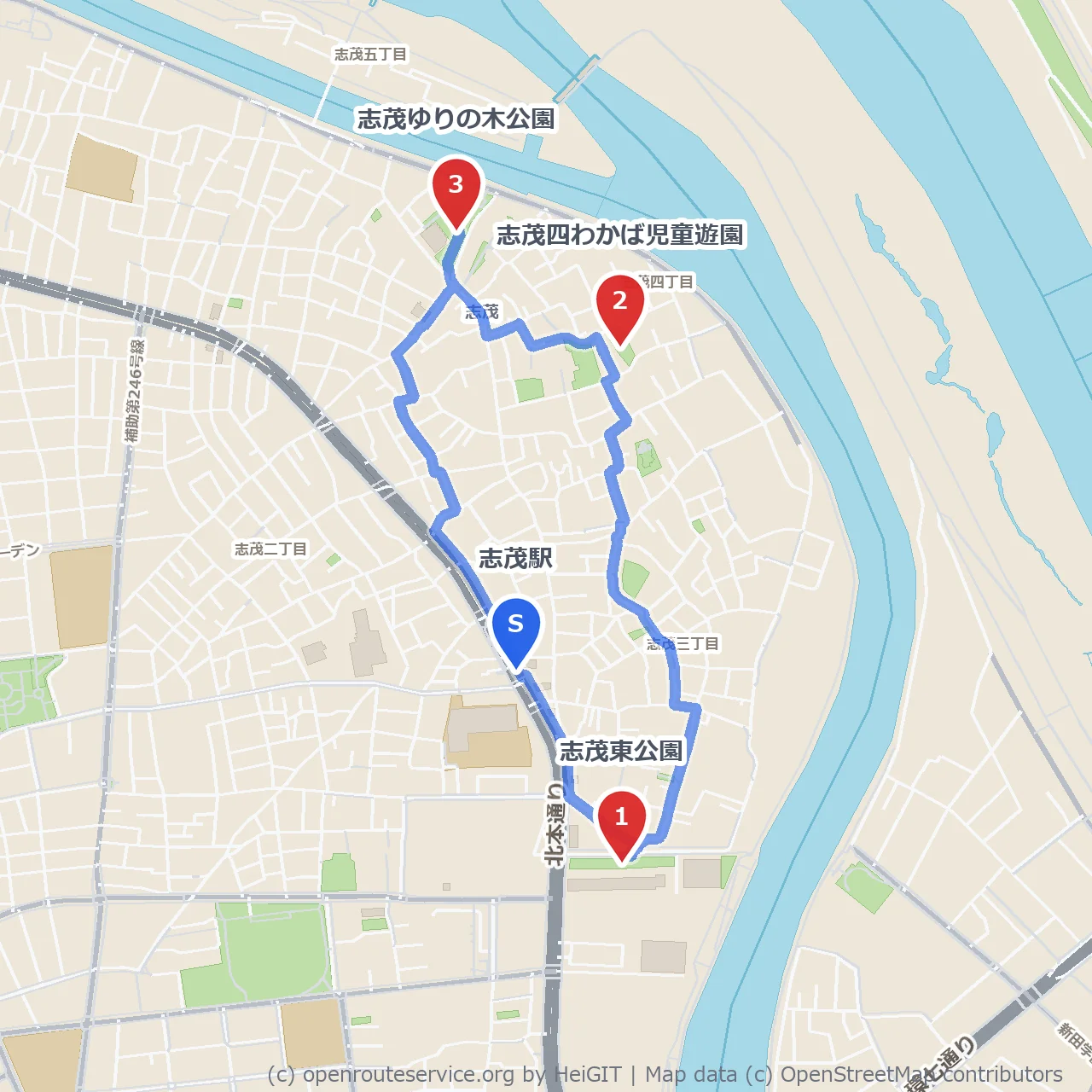 志茂の小さな公園を巡る散歩 のコースマップ