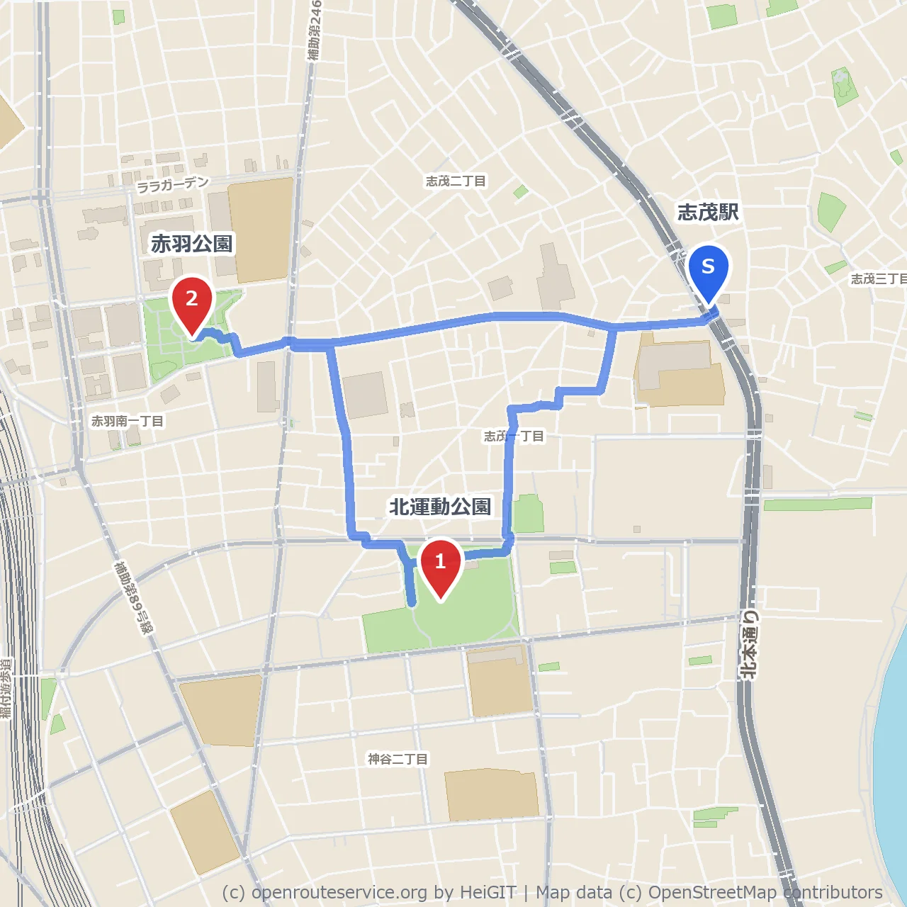 志茂駅から赤羽公園方面への散歩路 のコースマップ