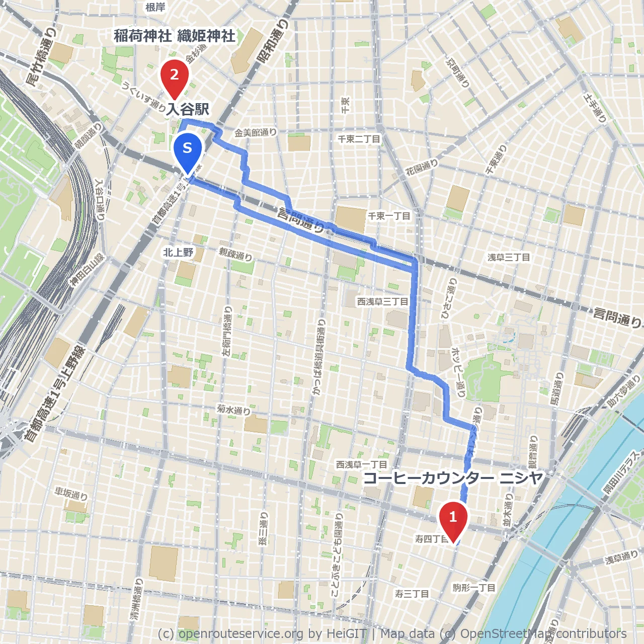 入谷の隠れ家カフェと稲荷神社の散策路 のコースマップ