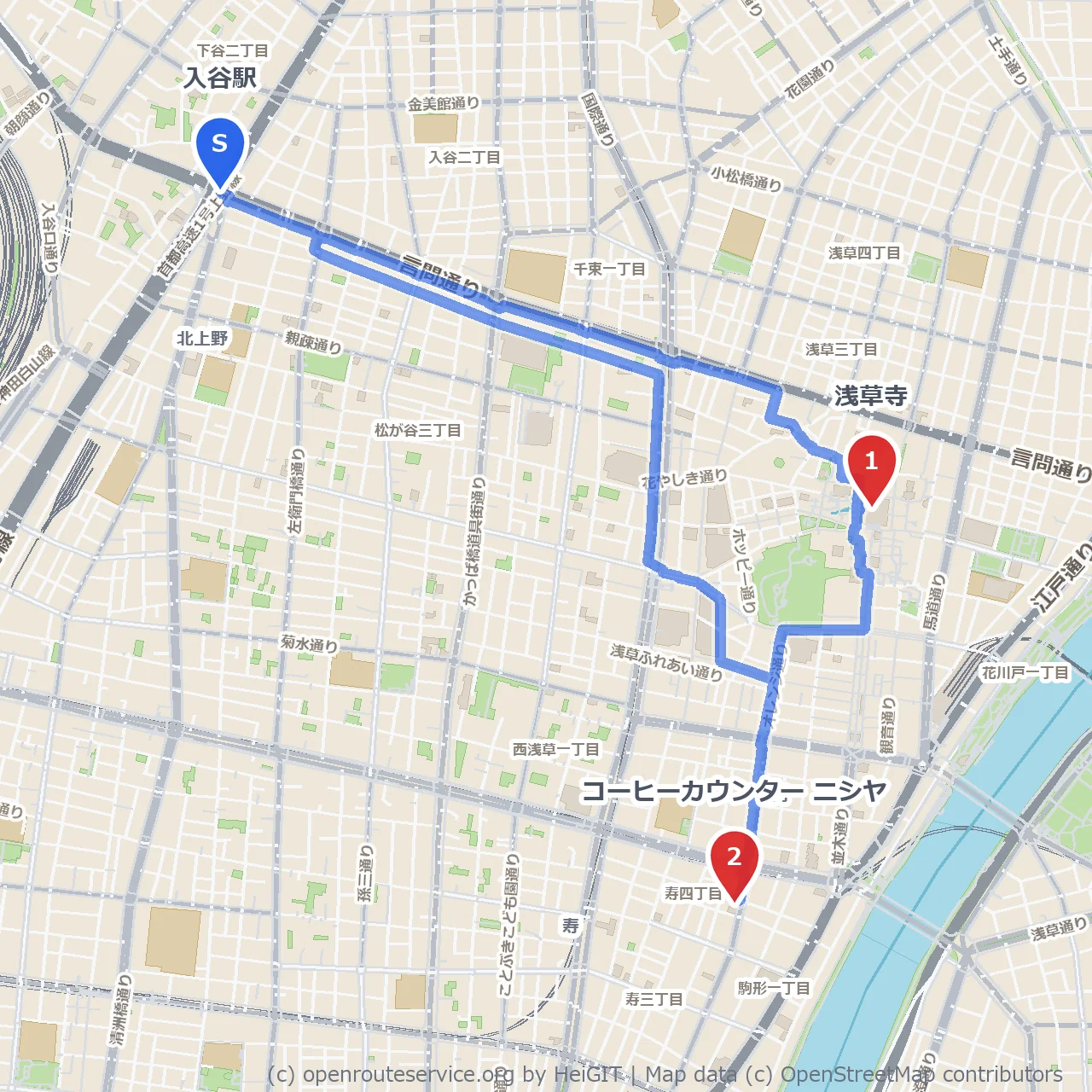浅草寺参拝と入谷カフェでひと息の散歩 のコースマップ