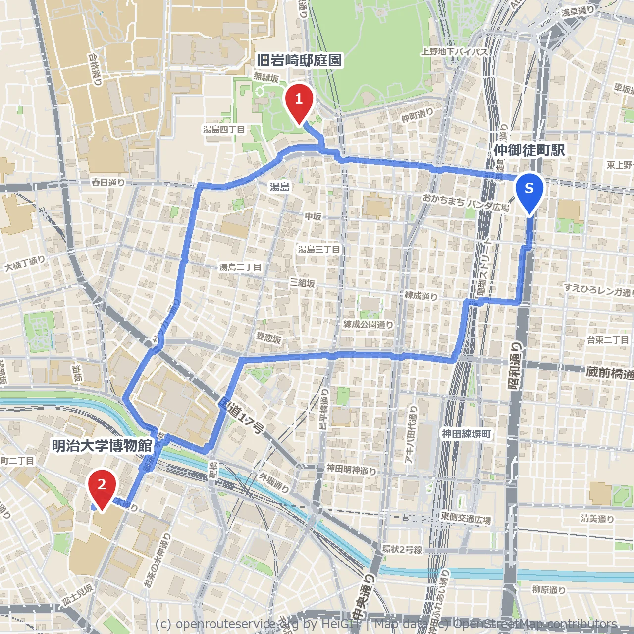 旧岩崎邸庭園と明治大学博物館の落ち着いた歴史散歩 のコースマップ