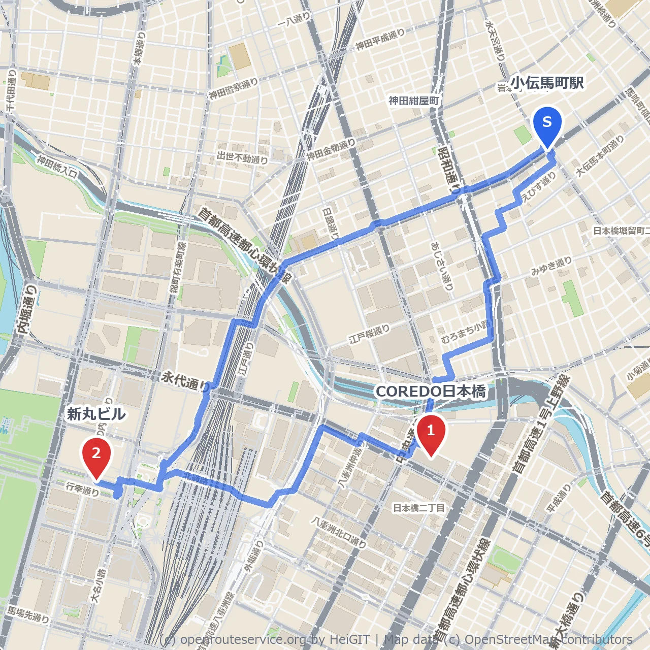 日本橋COREDOから新丸ビルまでの歴史散歩 のコースマップ