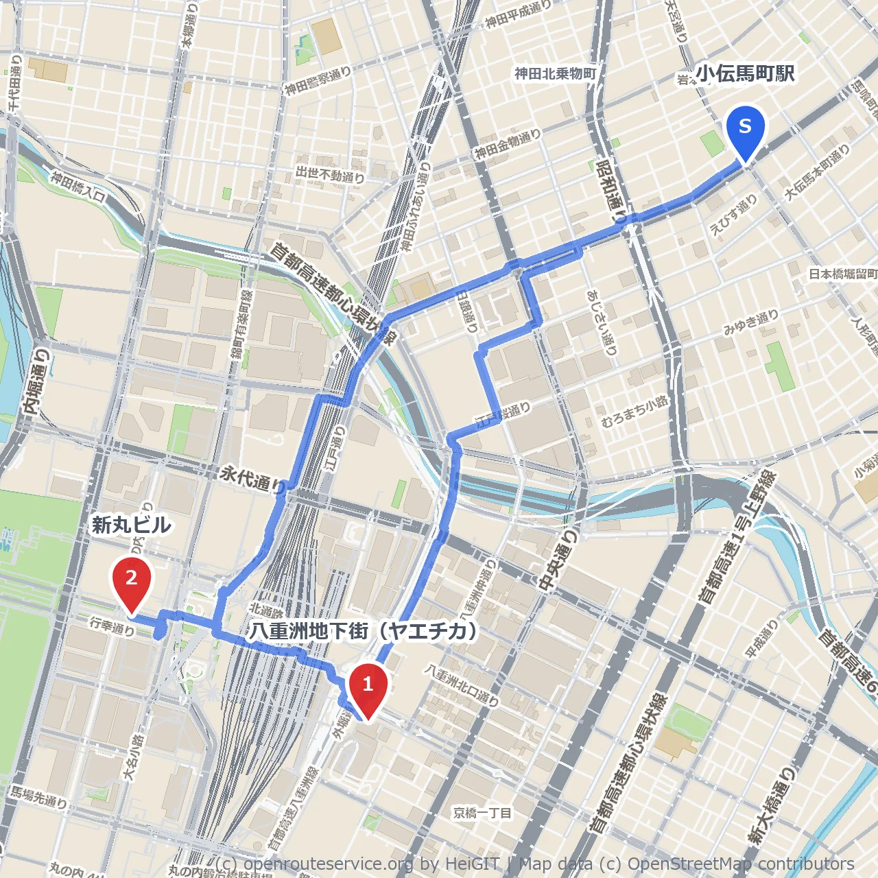 八重洲地下街から新丸ビルへのショッピング散歩道 のコースマップ