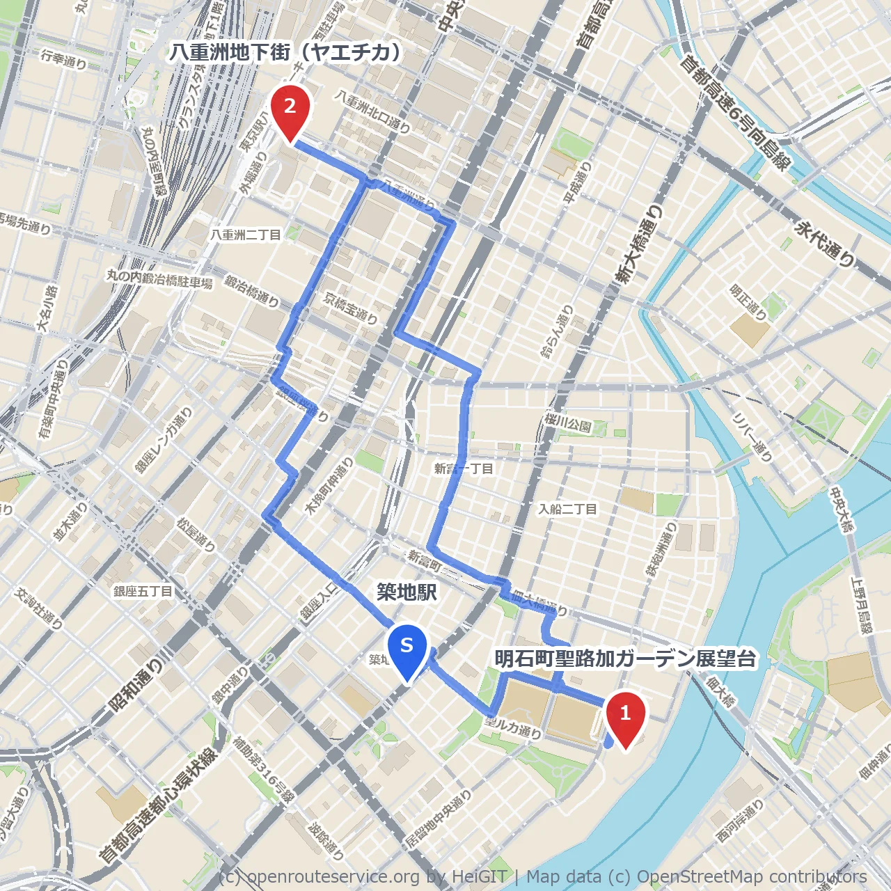 聖路加展望台から歩く八重洲地下街散策 のコースマップ