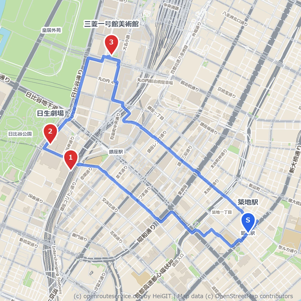 日比谷奥路地から日生劇場と三菱美術館散歩 のコースマップ