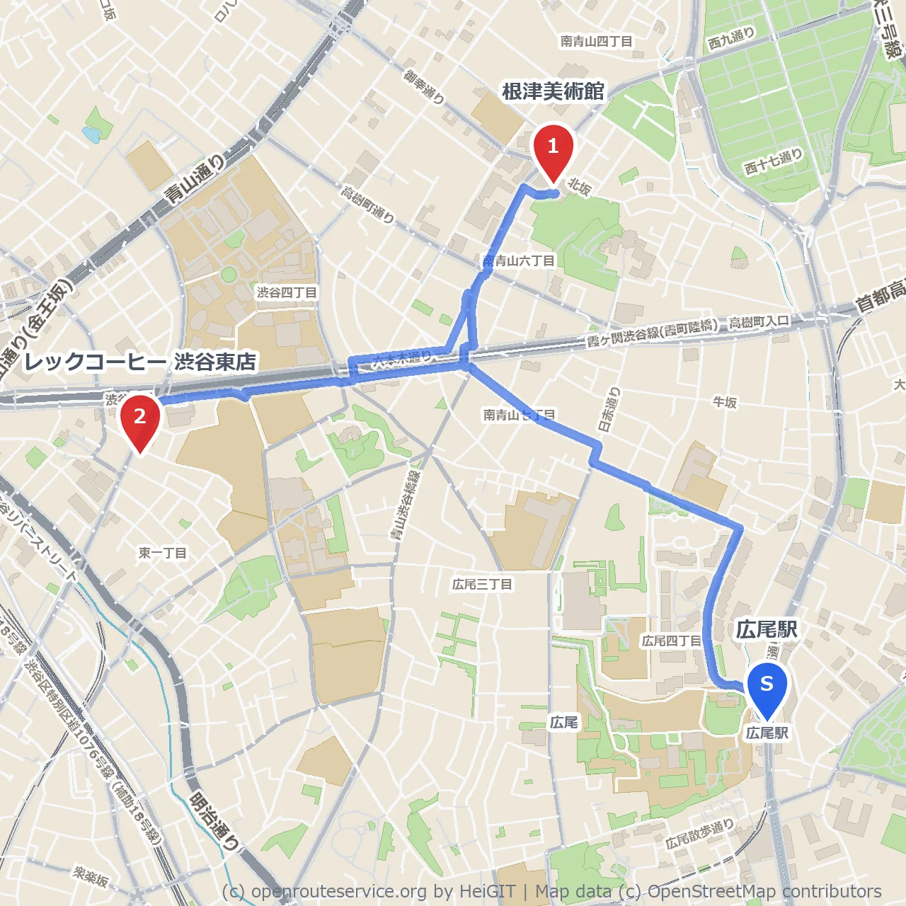 根津美術館訪問とレックコーヒーでひと息散歩 のコースマップ