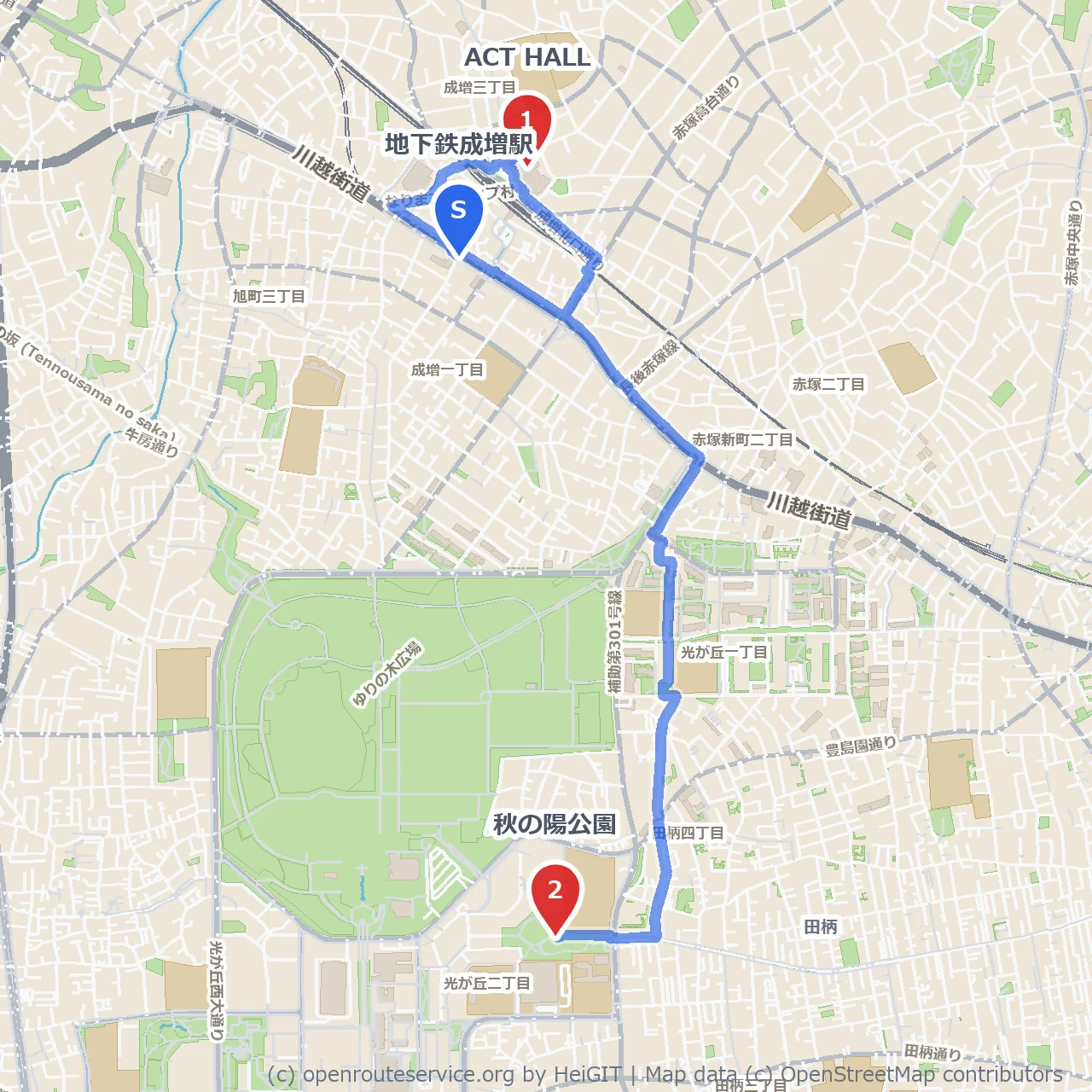 地下鉄成増駅から秋の陽公園までの文化散策路 のコースマップ