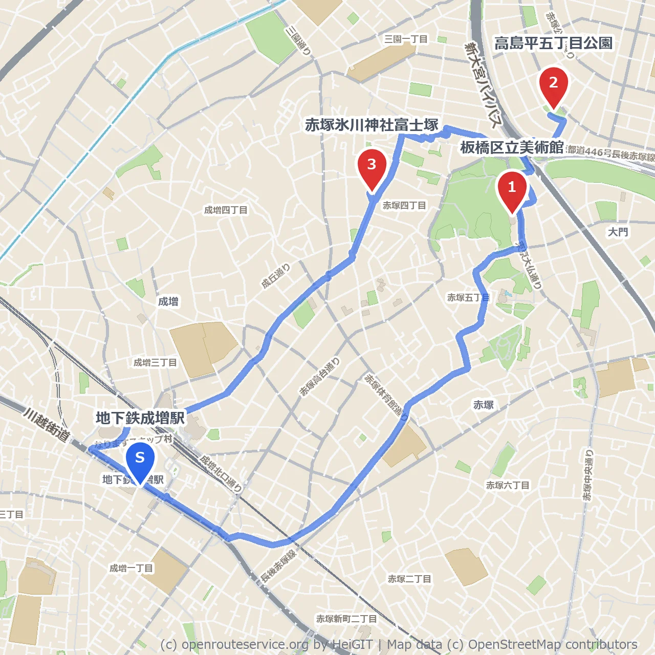 板橋区立美術館と赤塚氷川神社富士塚を巡る歴史の道 のコースマップ