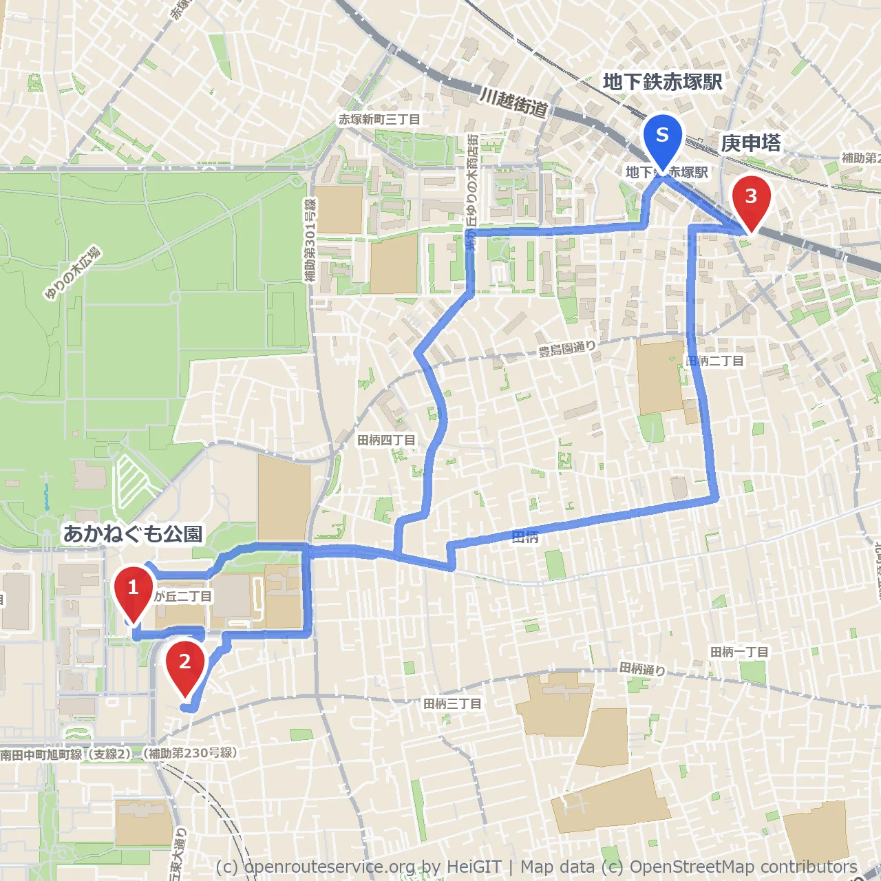 あかねぐも公園と庚申塔、光が丘美術館の路 のコースマップ