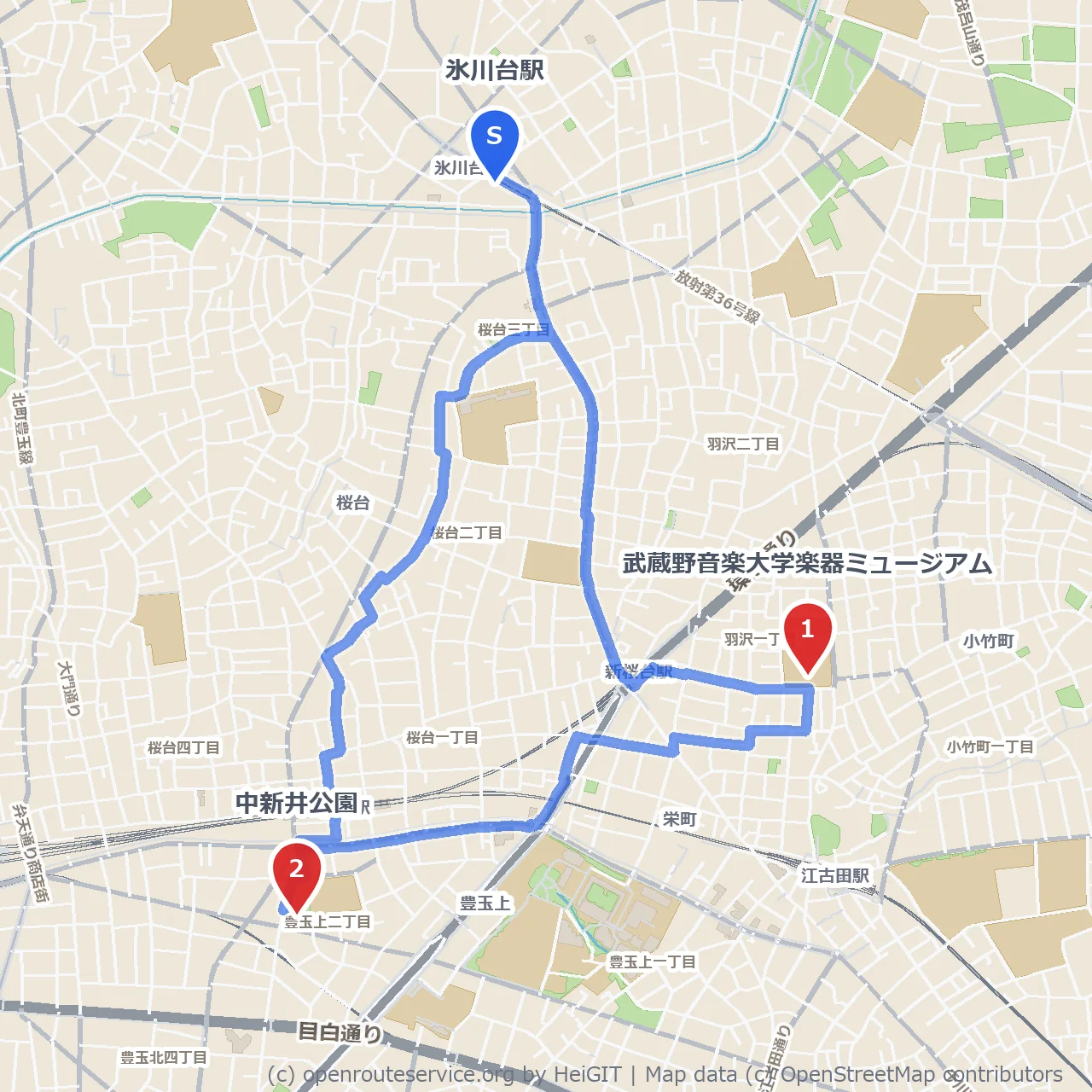 音楽大学ミュージアムと中新井公園での休日散歩 のコースマップ