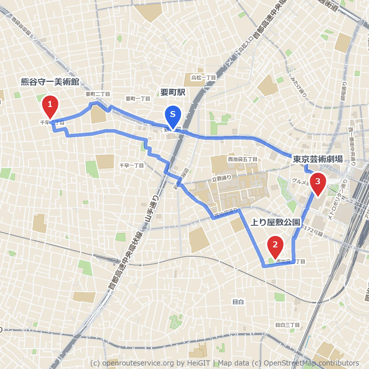 熊谷守一美術館と東京芸術劇場の文化巡り散歩 のコースマップ