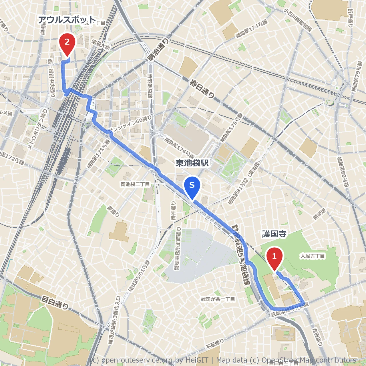 護国寺とアウルスポットで巡る癒やしの散歩道 のコースマップ